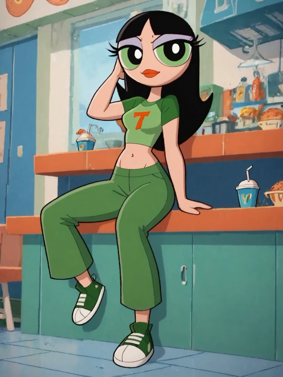 score_9, score_8_up, score_7_up, score_6_up, BREAK, Buttercup, 1girl, solo, black hair, long hair, navel, midriff, green shirt, green footwear, green pants <lora:Teenercup:1>
