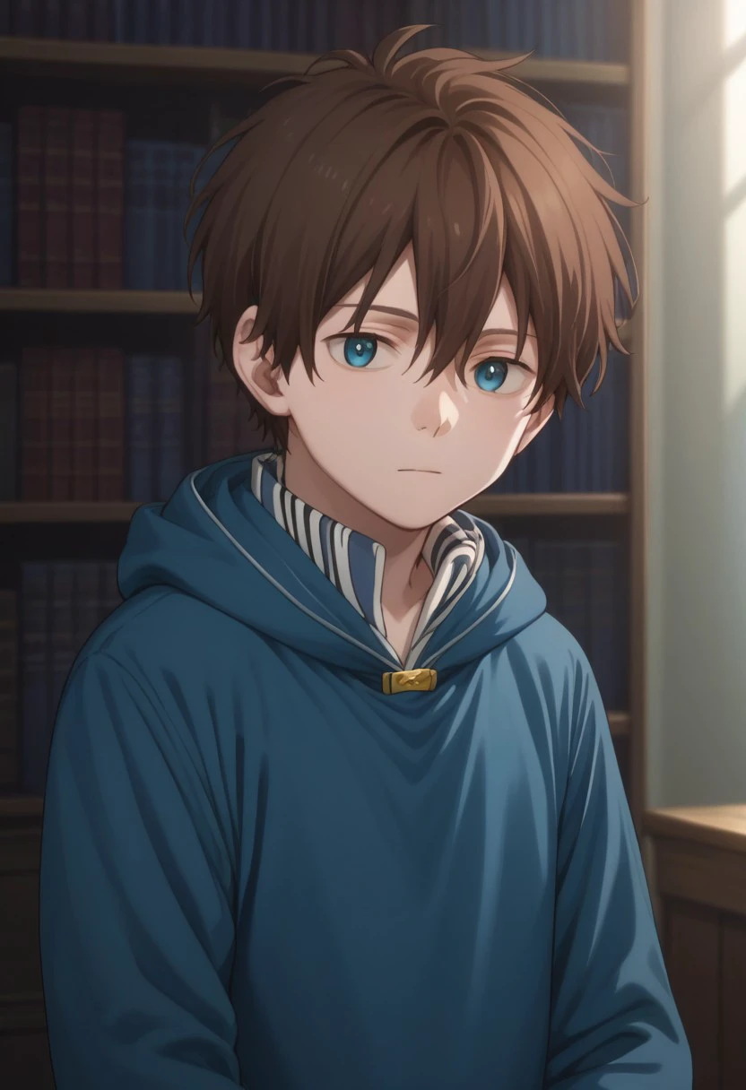 score_9, score_8_up, score_7_up, source_anime, highly detailed, 
ryuu, 1boy, solo, male focus, brown hair, blue eyes, long sleeves, hood, hoodie, blue hoodie, upper body
indoor,library,