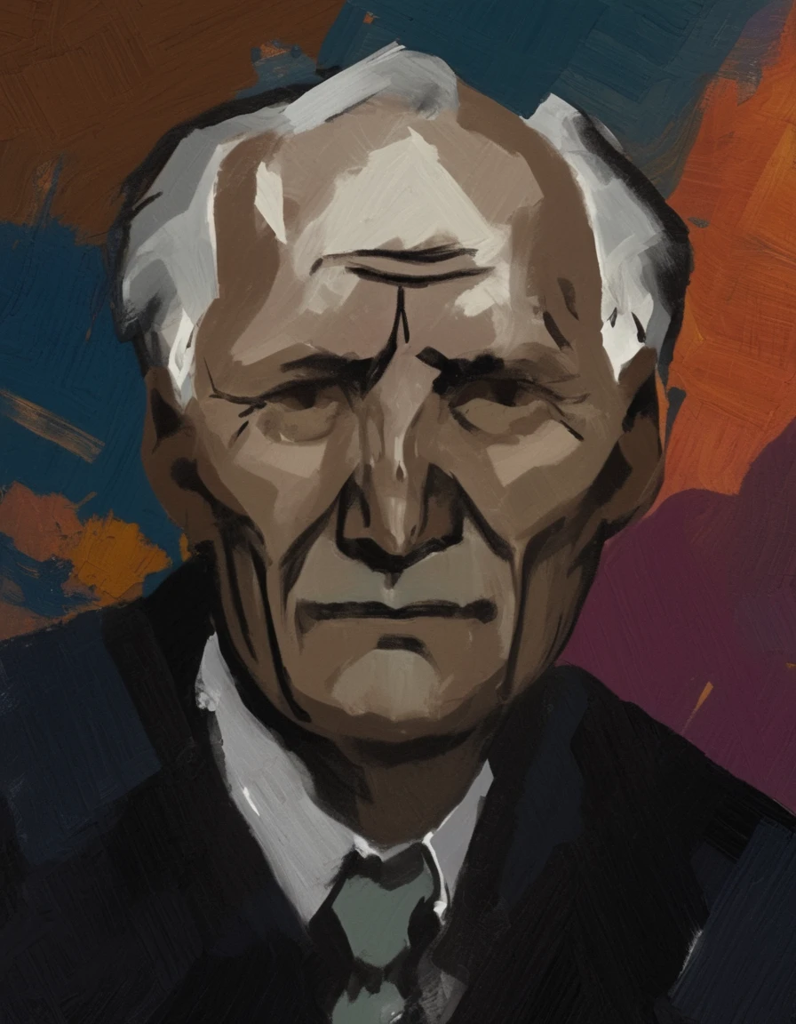 Abstract expressionist painted portrait of Carl Gustav Jung. Harsh brushstrokes, colorful abstract background.  <lora:Disco_Elysium_Portrait_SDXL:1>