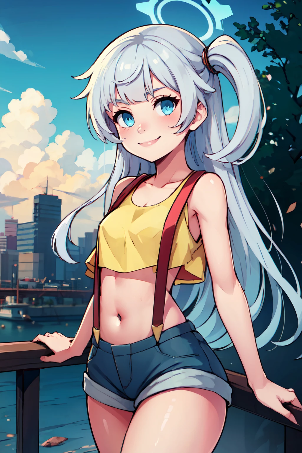 ((masterpiece,best quality)), absurdres,  BREAK, , <lora:Cherino_BlueArchive_Citron:0.8>, zzCherino, blue eyes, white hair, long hair, two side up, halo,  , BREAK,  <lora:Misty_Pokemon_Cosplay_v3:0.8>,  misty (pokemon) (cosplay), yellow crop top, suspenders,, BREAK, solo, smile, looking at viewer, cowboy shot,