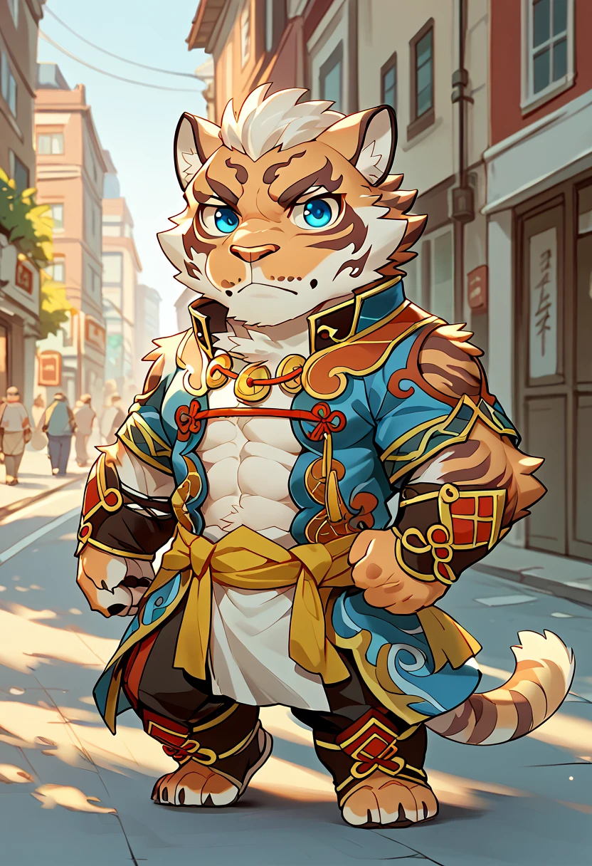 score_9, score_8_up, score_7_up, high quality, hires, solo, lin hu, nekojishi, guardian tiger, furry, muscular, blue eyes, short hair, street, chibi, cute, <lora:Lin_Hu_Nekojishi:1>