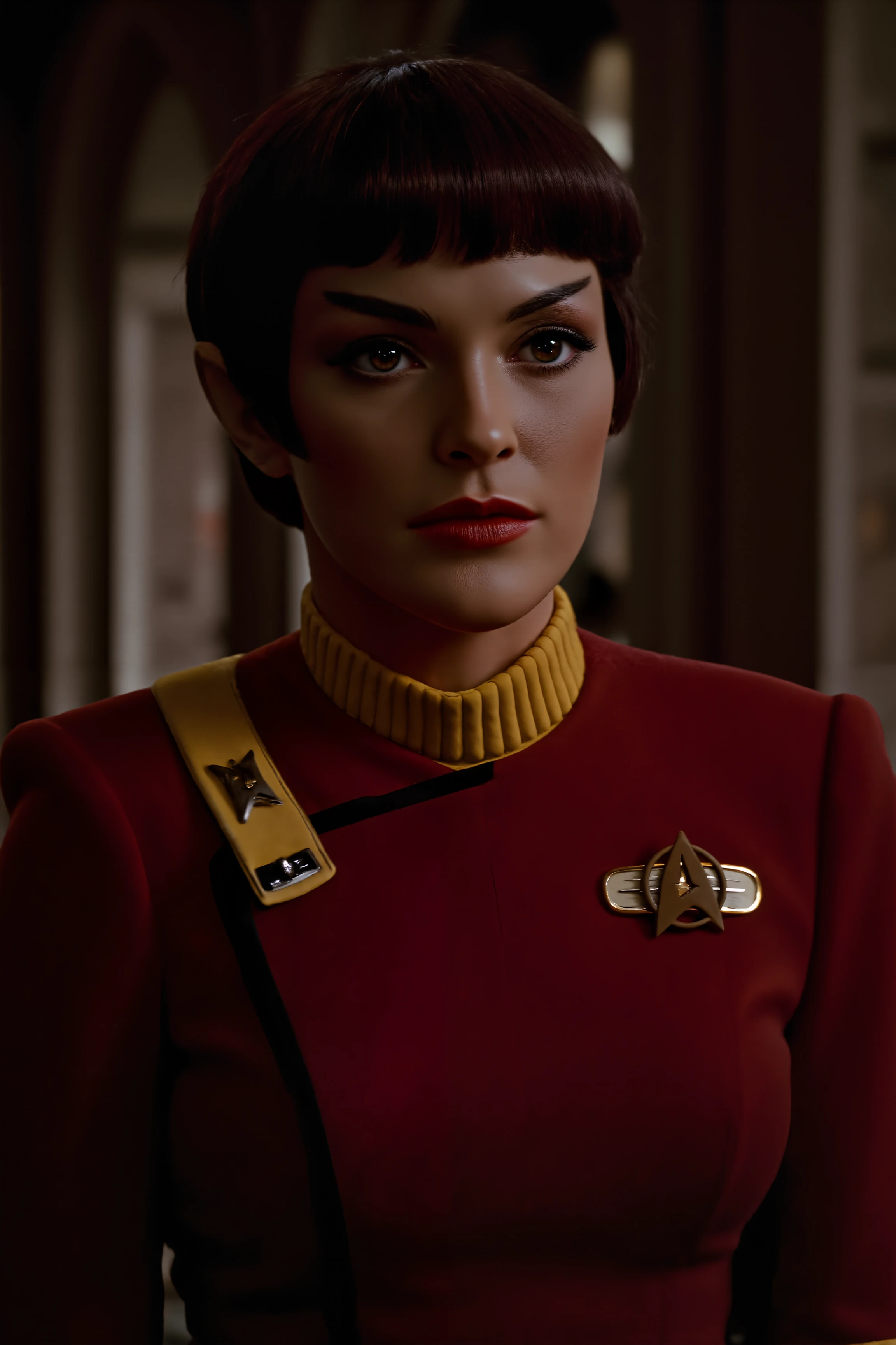 An vulcan woman with short hair stands in the ancient temple wearing red TWOK uniform, dark mustard yellow collar (photography, high-resolution, dynamic, energetic,hyper-realistic, dramatic lighting, shallow depth of field.), detailmaximizer, MythP0rt<lora:midjourney_whisper_flux_lora_v01:0.55><lora:aidmaMJ6.1-FLUX-V0.1:0.4><lora:FluxMythP0rtr4itStyle:0.4><lora:detailed_flux_ntc:2.2><lora:aidmaImageUpgrader-FLUX-V0.1:0.65><lora:TWOK_FLUX:1.1><lora:VULCANV1_FLUX:1.3>