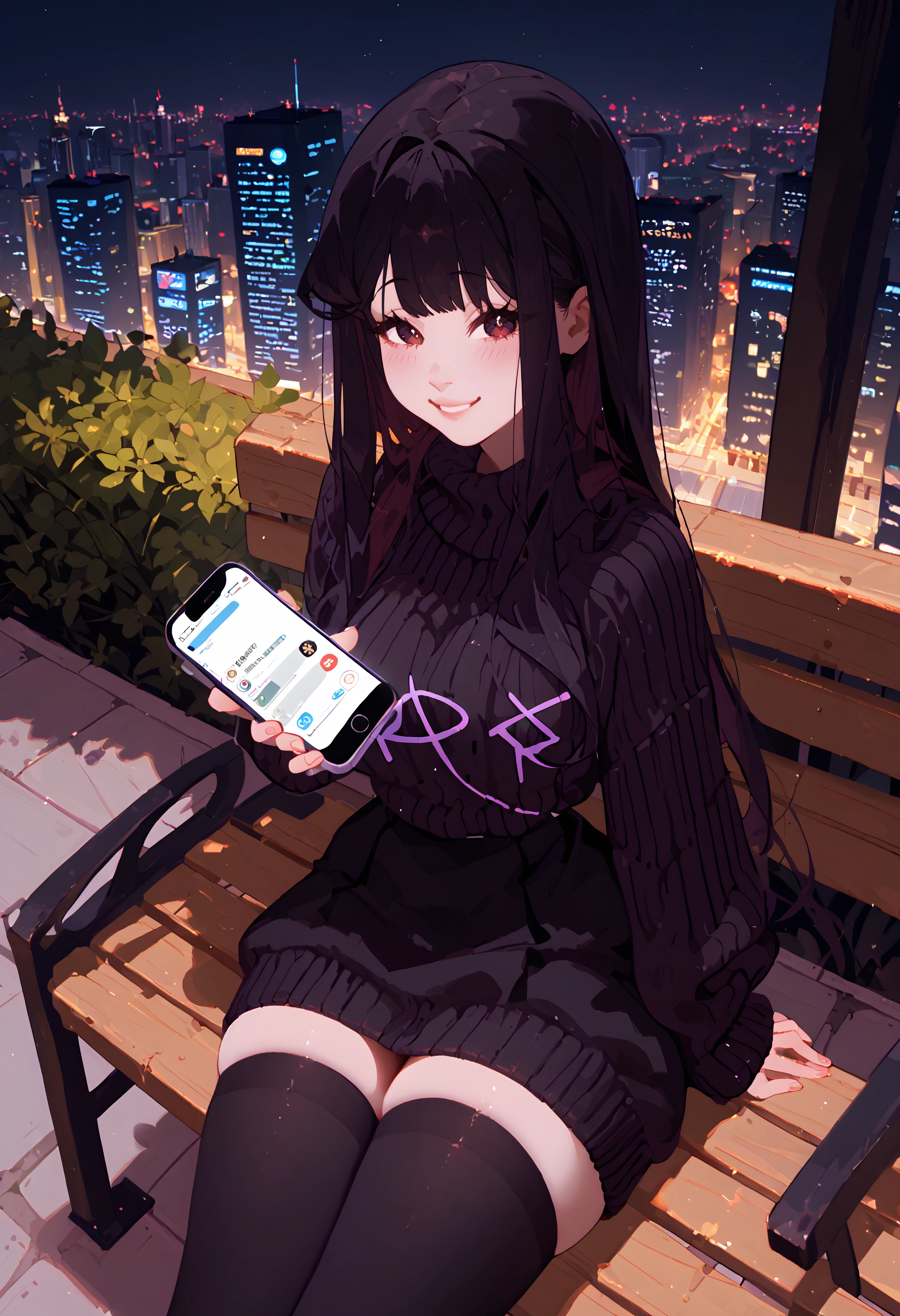 score_9, score_8_up, score_7_up, best quality, source_anime BREAK, Rayne Liebert, 1girl, black skirt, long hair, black hair, medium breasts, black sweater, blush, sitting on bench, outdoors, city, from above, smile, holding phone, <lora:RayneLiebert:1>, thick thighs, thighhighs, oversized sweater