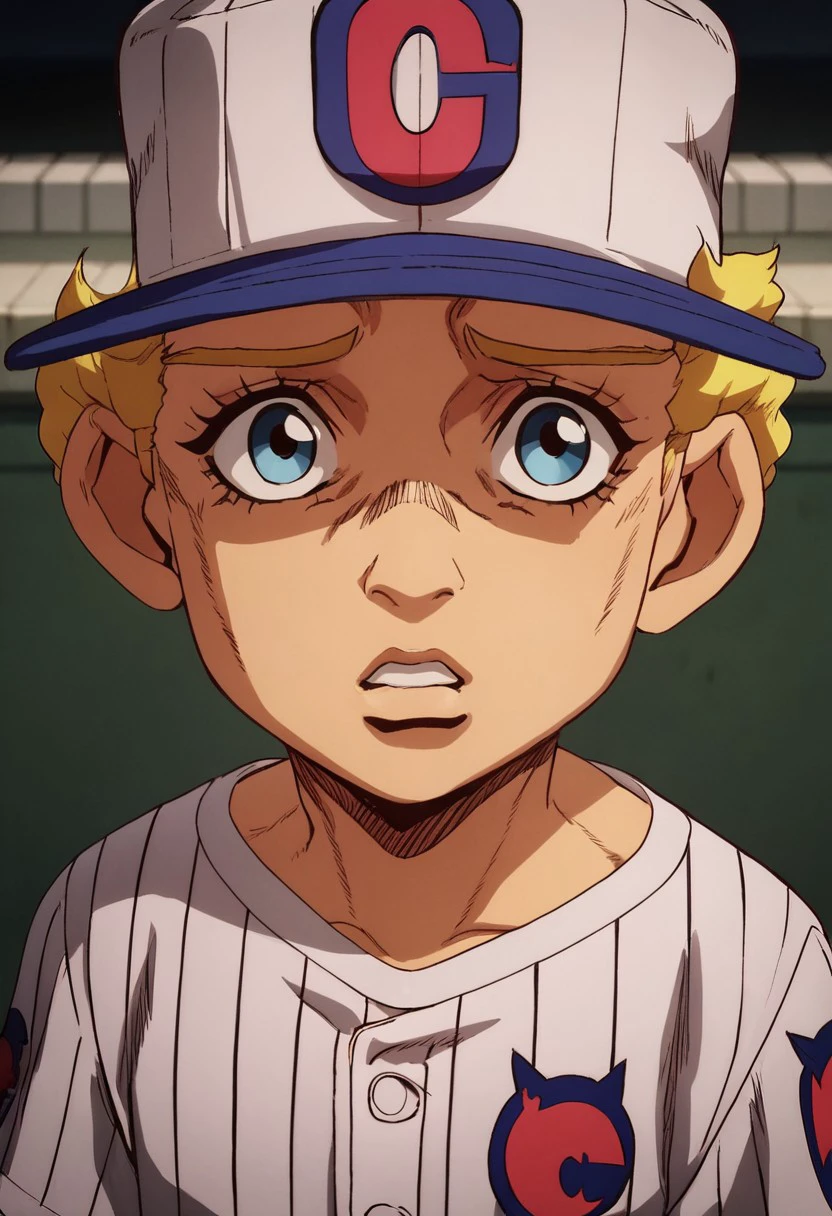 masterpiece, newest, absurdres, safe, score_9, score_8, score_7_up, (masterpiece), best quality, source_anime, young, emporio, looking up at viewer, nervous, cap, baseball uniform, striped shirt, striped pants,, <lora:ebac0283-e8b1-4b04-9292-1bc80d20bfa0:1.0>