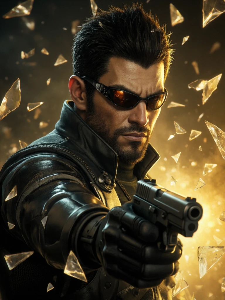 deus ex style, adam jensen holding pistol, futuristic eyewear, shattered glass shards shimmer with golden light, dark atmosphere  <lora:sxz-Deus-Ex-Smol-Flux:1>