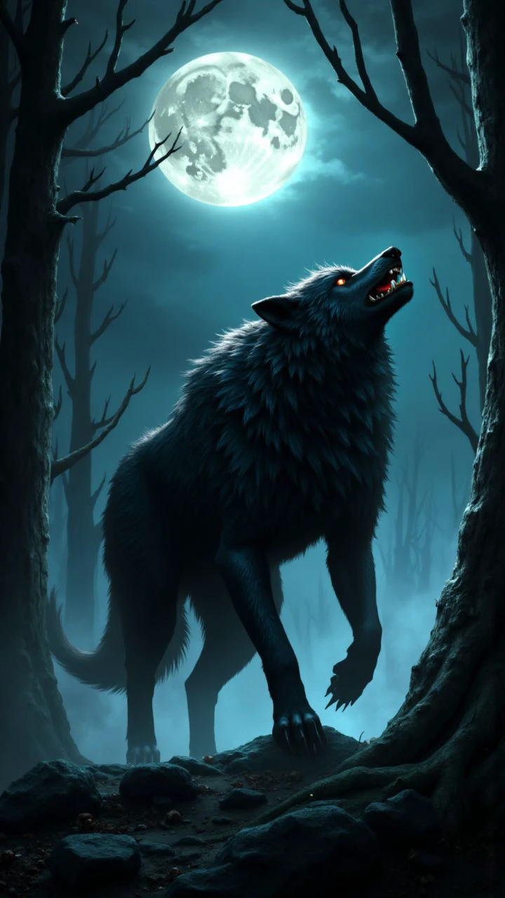 A werewolf transforming under a full moon, forest, moonlight, animalistic features , <lora:aidmaDarkFantasy-FLUX-rapid-V0.1:1> , aidmaDarkfantasy