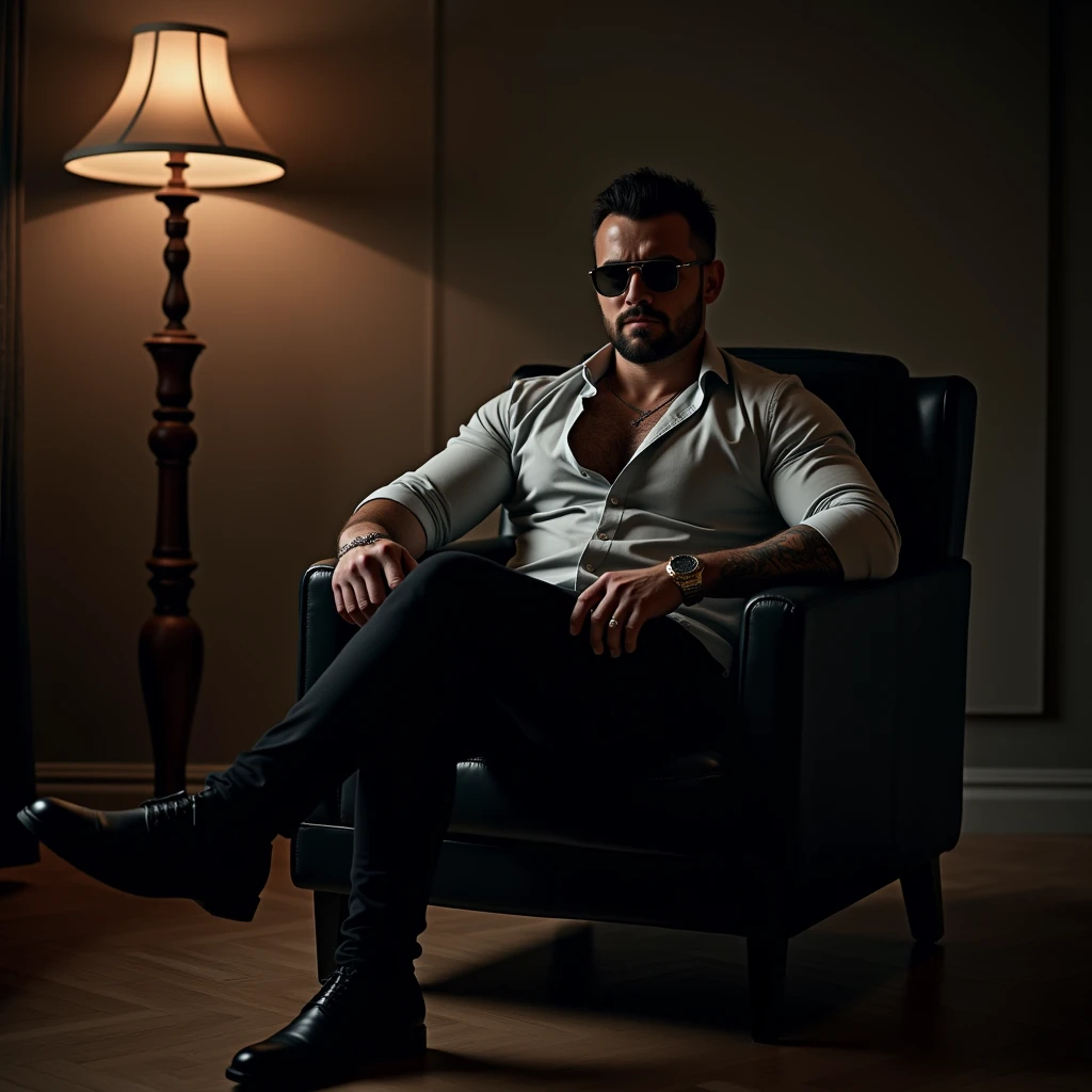 UHD, 4k, ultra detailed, cinematic, a photograph of  <lora:duke_herstal_photography_style v1:1> contrast:1
In duke_herstal_photography_style a man sitting on a chair with his feet up, sharp edges, sharp image, detailed image, detailed background, high film contrast, cinematic film color, film photography, kodak, fujifilm, cinematic light style, cinematic glamour photography, cinematic photography style, duke_herstal_photography_style, solo, looking at viewer, short hair, shirt, black hair, long sleeves, 1boy, sitting, full body, male focus, open clothes, shoes, pants, indoors, black footwear, open shirt, tattoo, muscular, facial hair, chair, black pants, sunglasses, pectorals, muscular male, realistic, lamp, gloves, jewelry, dark skin, dark-skinned male, arm tattoo, chest tattoo, epic, beautiful lighting, inpsiring