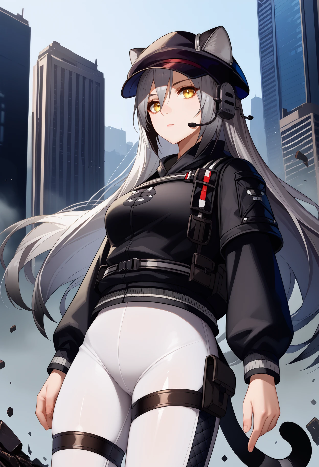 score_9, score_8_up, score_7_up, source_anime, <break> solo, 1girl, shwrzsky, cat tail, expressionless, looking at you, standing, grey hair, animal ears, cabbie hat, ears through headwear, headset, yellow eyes, black jacket, long sleeves, white pants, tight pants, thigh strap, outdoors, city, debris, fog
<segment:yolo-face_yolov8m.pt,0.4,0.5//cid=1>