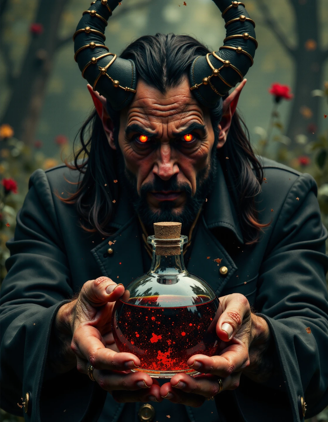 small centered composition, product shot, plain background, wallpaper art, in the center is an image of a gorgeous elegant ("The Potion of Evil":1.3) , mystical, dark fantasy atmosphere, a giant demon in the background looking with his glowing red eyes on the potion, dark, Sharp and in focus, , dynamic composition, dynamic background, stunning, dynamic dramatic beautiful full taking,  darkfantasycollagestyle ,   <lora:flux-collagestyle:1>,