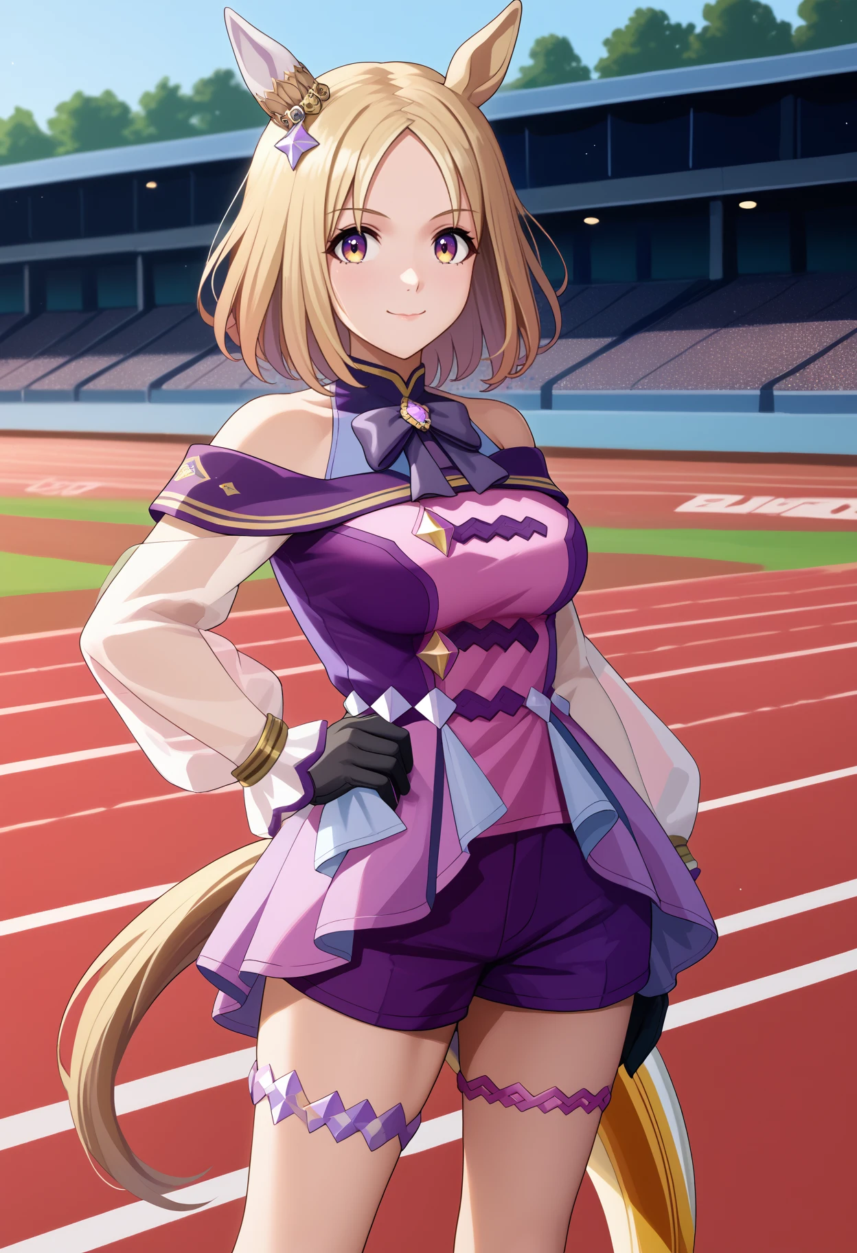 score_9, score_8_up, score_7_up, source_anime, <break> solo, 1girl, narita, smile, closed mouth, looking at you, standing, hand on own hip, horse tail, short hair, animal ears, ear ornament, ear covers, single ear cover, purple dress, off-shoulder dress, purple bow, long sleeves, see-through sleeves, black gloves, purple shorts, thigh strap, bare shoulders, large breasts, outdoors, racetrack
<segment:yolo-face_yolov8m.pt,0.4,0.5//cid=1>