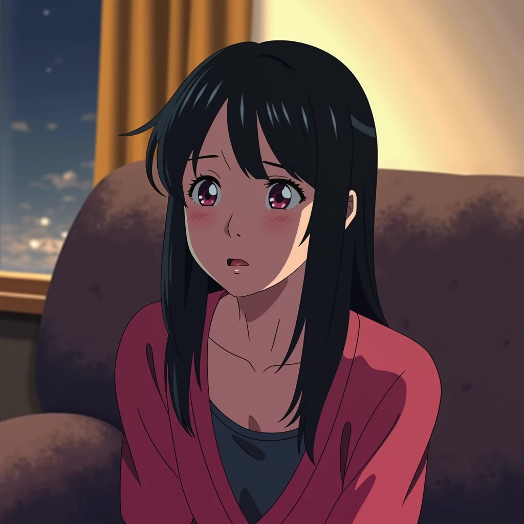 retro_anime, Korean webtoon style showing young woman, black hair, sitting on sofa, expression of surprise, room setting, plush couch fabric, ambient indoor lighting, character detailing, vibrant colors, high contrast shadows for dramatic effect, digital painting.