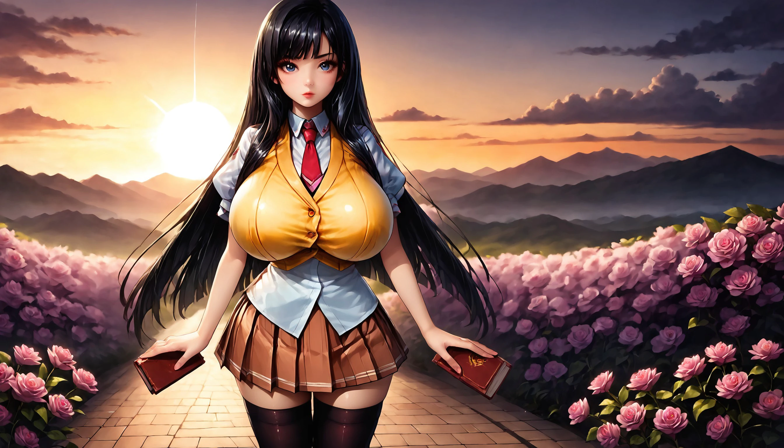 Score_PnyReal,BREAK,1girl, solo,(huge breasts,large breasts:1.2),long eyelashes, detailed hands, detailed fingers, perfect anatomy, holding a book, 3nah1me, 1girl, solo, thighhighs, long hair, black hair,bangs , skirt, zettai ryouiki, necktie, school uniform, Within a shimmering sanctuary, a garden of dreams materializes, its iridescent blooms and shimmering petals a vision of pure fantasy, spill light, sunrise/sunset, Bend, Science Fiction (dark matter:1.25),black theme, dark background,(zPDXL2:1.5), , <lora:e70bd788-b3b8-423c-a607-07afe99d664f:1.0>, <lora:743ab114-2dc7-4a68-a995-0d3c9dc174a0:0.3>