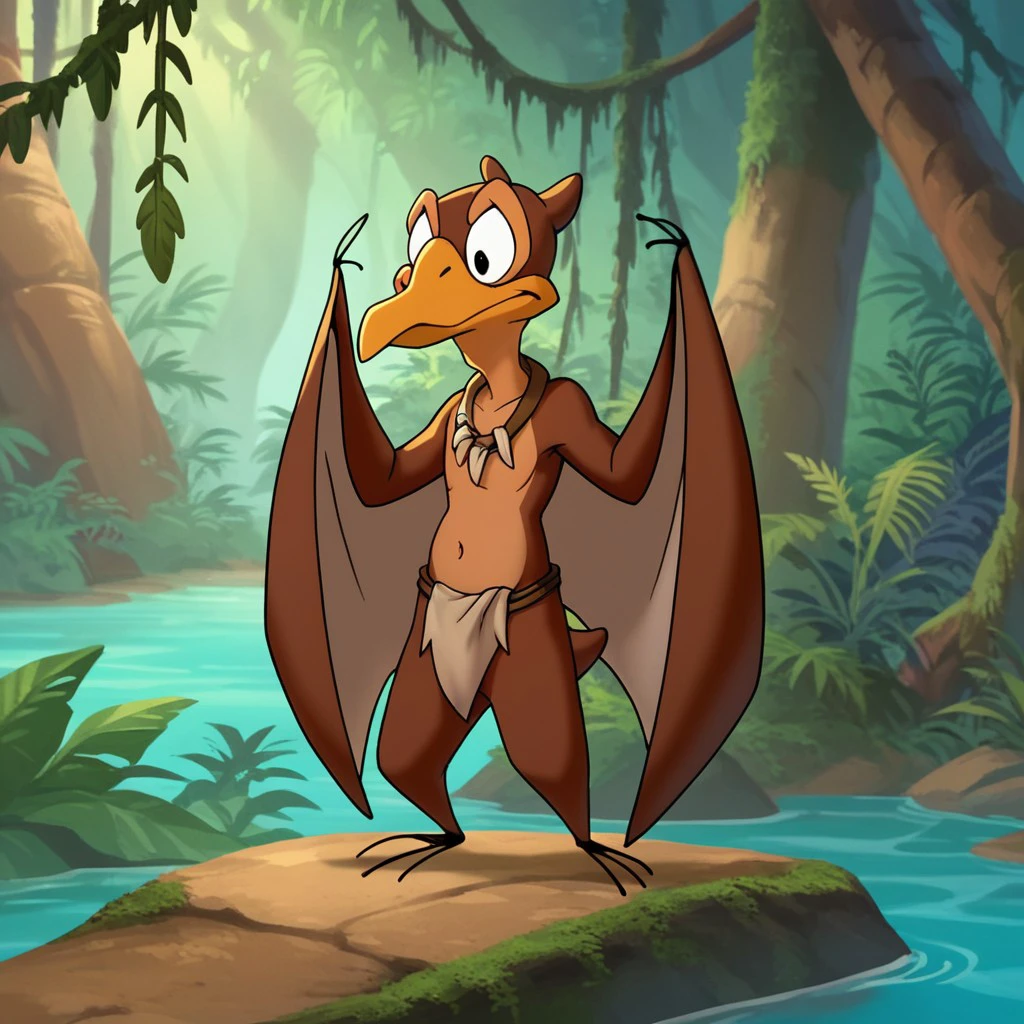 score_9, score_8_up, score_7_up, score_6_up, source_furry, Petrielbt, anthro, male, Pteranodon, brown skin, orange beak, black eyes, membranous wings, winged arms, 3 fingers, 3 toes, standing, adult anthro, in the jungle, tribal wear, <lora:5e89b741-8a69-4ac7-9218-bbfcfe38570c:0.7>