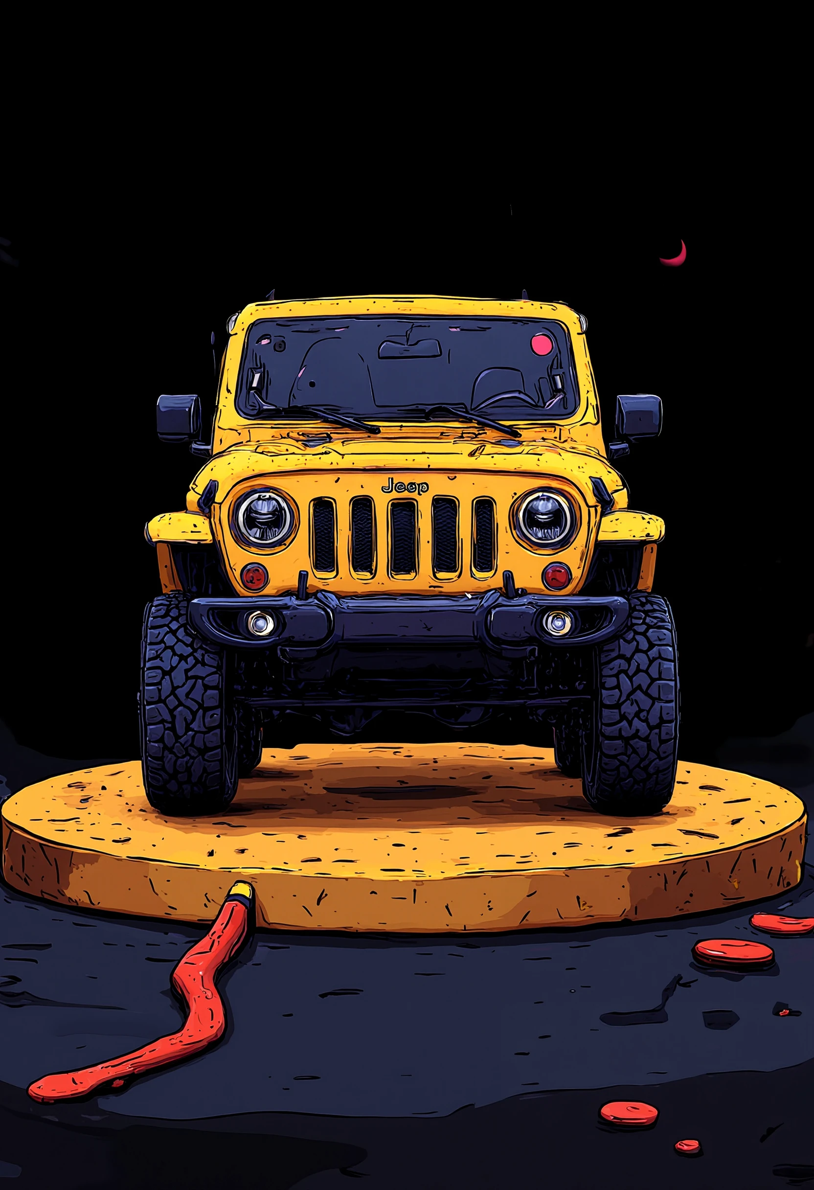 pst003,isometric view, realistic 3D icon of the jeep placed on gold podium, simple design, yellow and black color, black background, vibrant, high resolution and high detail.