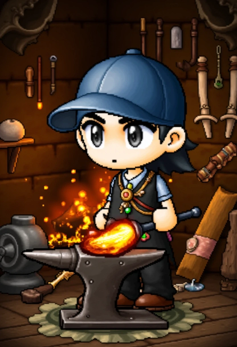 A chibi blacksmith working in a small, cozy workshop. The character is hammering a glowing piece of metal on an anvil, with sparks flying around. Various tools and unfinished weapons hang on the walls, and a warm fire burns in the forge behind them.