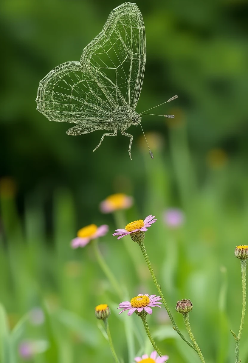 Wireframe model of a butterfly hovering over a field of wildflowers