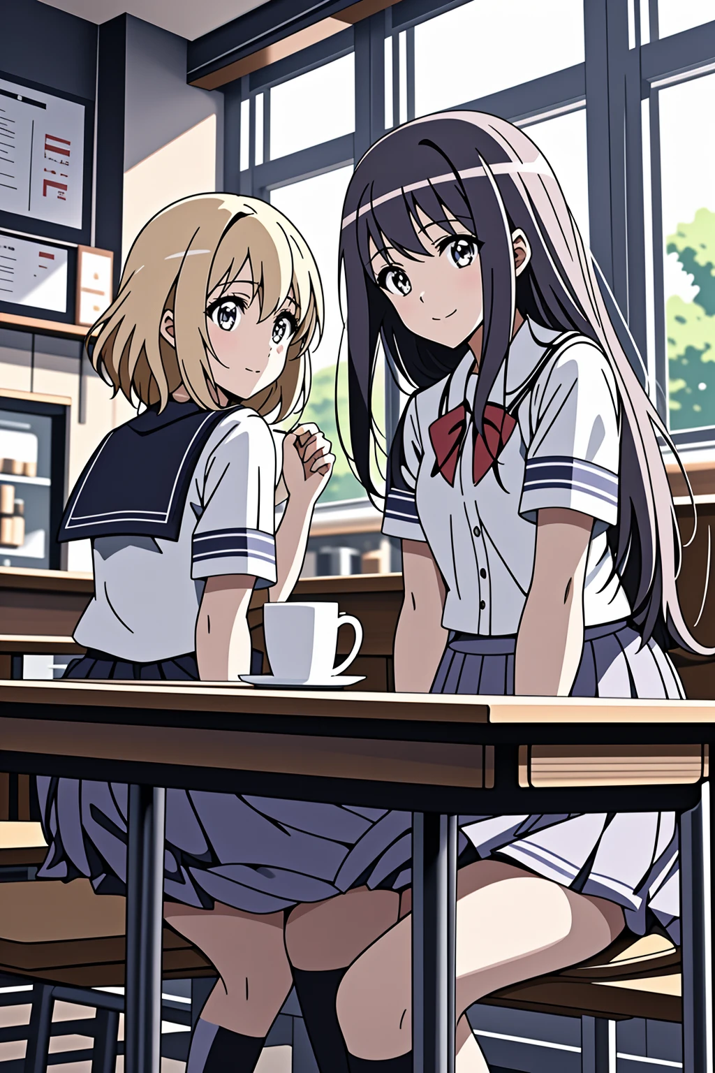 2 girls at coffee shop , sitting, school uniform, joyful talking, (anime) <lora:LCM_LoRA_Weights_SD15:1>