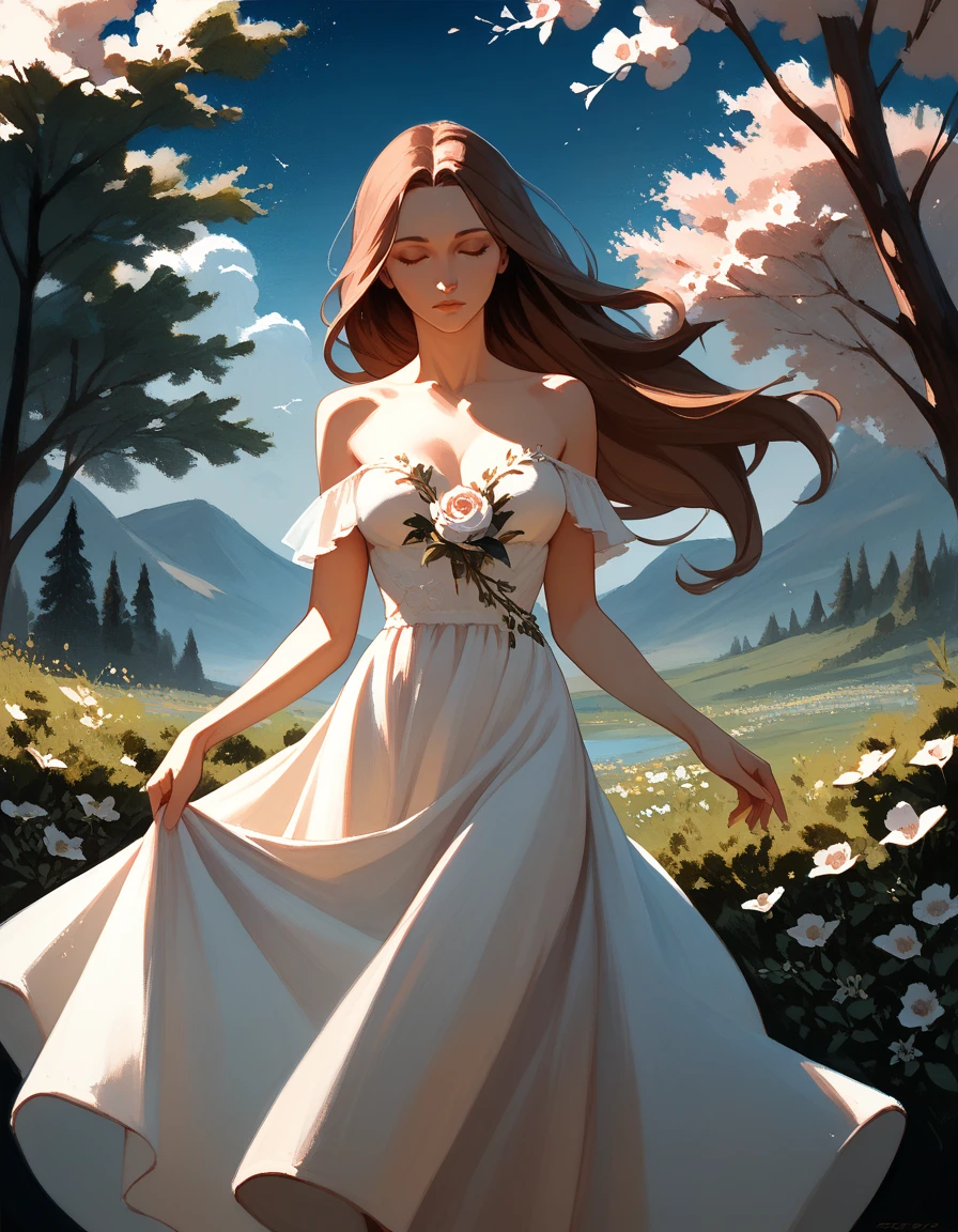 score_9, score_8_up, score_7_up, score_6_up, painting, MTGr3b3cc4, 1girl, solo, long hair, breasts, brown hair, dress, bare shoulders, closed eyes, flower, tree, traditional media, <lora:MTGr3b3cc4-pony:1>