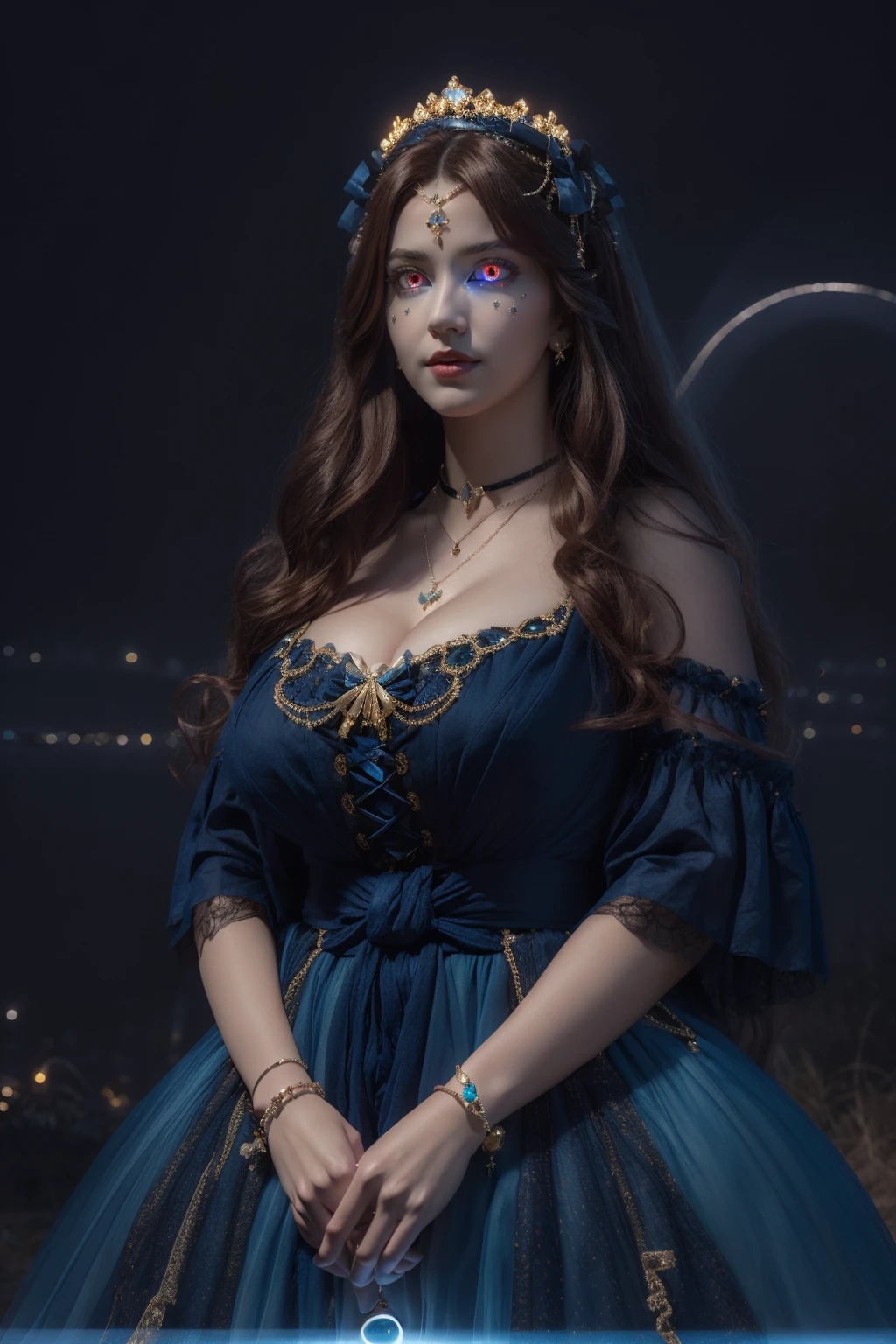 (masterpiece, best quality:1.2),illustration,8k,hd,1 girl,very long hair,solo,cldqz,dress,blue dress,hair ornament,bracelet,jewelry,choker,bracelet,bow,necklace,((cleavage)),big breasts,outdoors,(glowing  eyes:1.3),