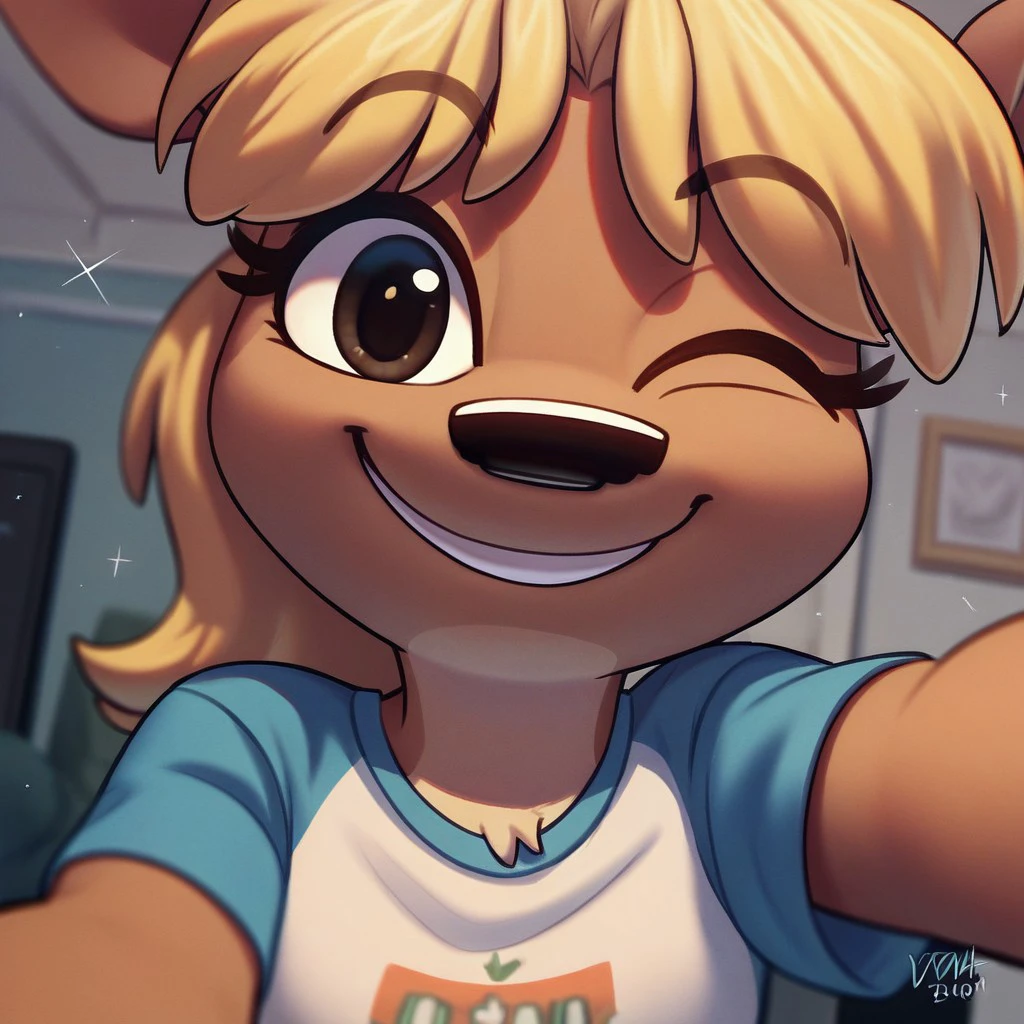 score_9_up, score_8_up, score_7_up, score_6_up, rosanaTVMA, 1girl, deer, blonde hair, ponytail, solo, smile, t-shirt, solo, furry, close up, selfie, dutch angle, wink, indoors, ambient light