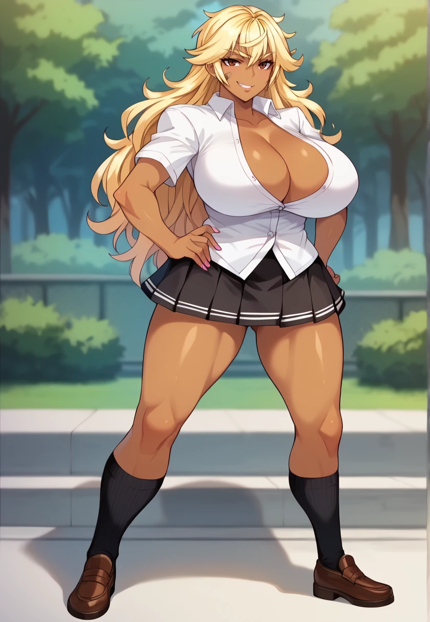 <lora:GakuenShoko-10:1> gakuenshoko, dark-skinned female, gyaru, blonde hair, long hair, brown eyes, huge breasts, ass visible through thighs,  shool uniform, cleavage, white shirt, open shirt, bandaid on face, smile, looking at viewer, hand on own hip, black skirt, pleated skirt,  black socks, brown footwear, outdoors,, 16k, masterpiece, absurdes, highly detailed, highres, high quality, best quality, score_9, score_8_up, score_7_up, score_6_up, shiny, shiny skin, shiny hair, Full body, solo focus