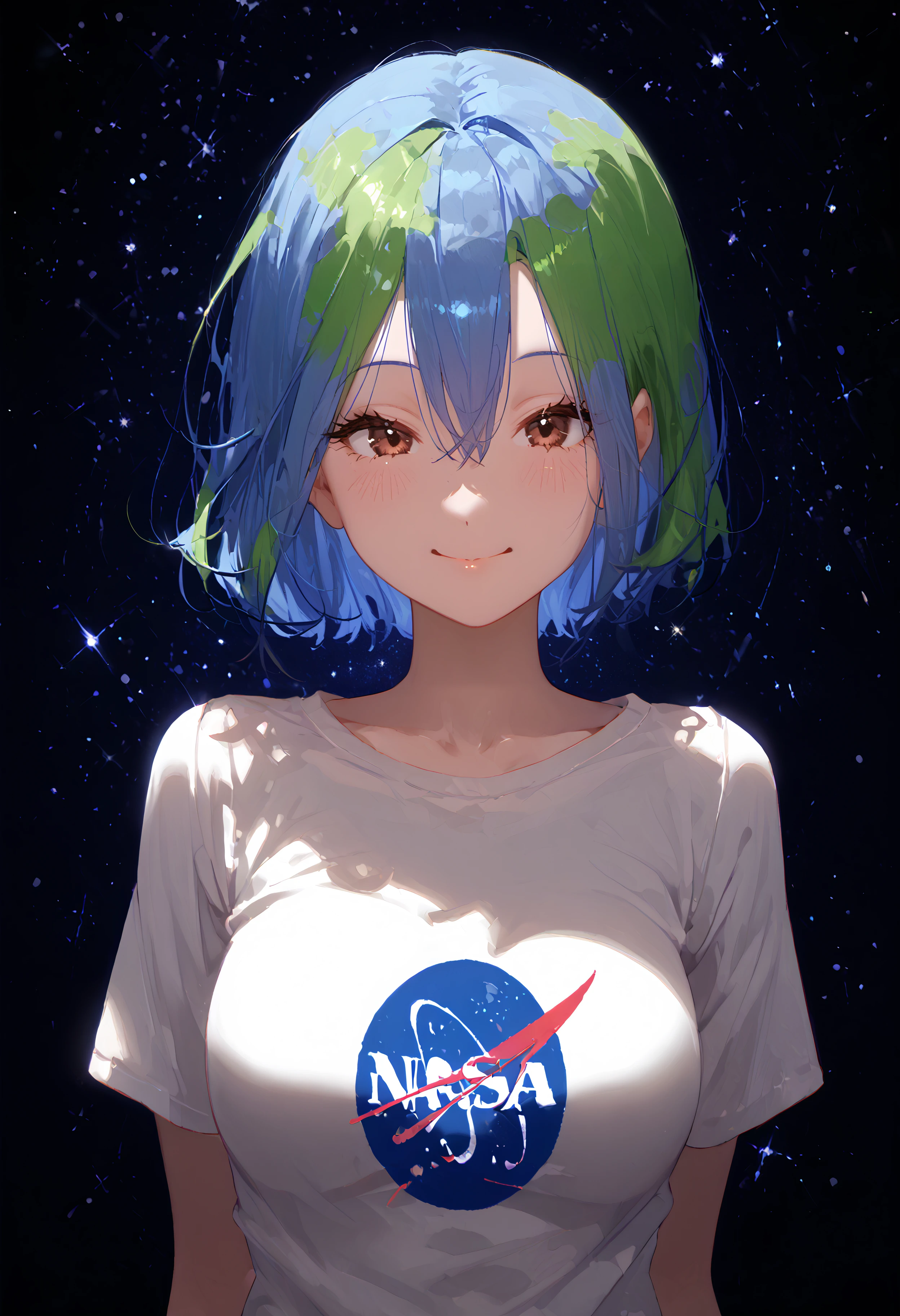 score_9, score_8_up, score_7_up, best quality, source_anime BREAK, Earth-chan, 1girl, green hair, multicolored hair, brown eyes, white shirt, blue hair, smile, two-tone hair, short hair, short sleeves, space, hair between eyes, starry sky, NASA shirt, blush, upper body, medium breasts, <lora:Earth-chan:1>