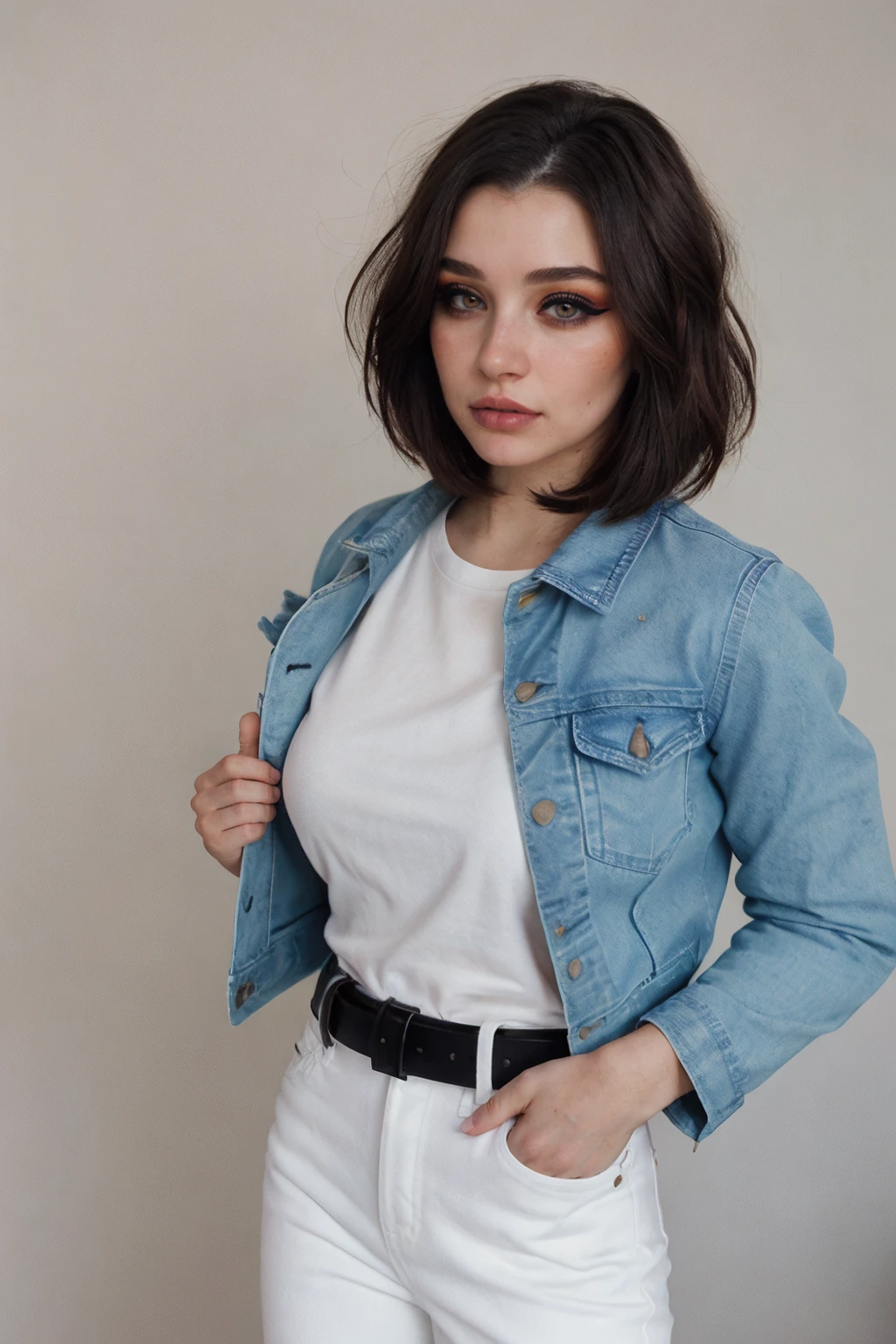 Photography, Portrait, taken with DSLR, F/2.8, (High quality), (masterpiece), realistic, 8K, realistic,  [extremely detailed background, interior], [short hair, brown hair],  (makeup, blush) (portrait), (standing), (denim jacket, white shirt, black pants, belt), (pale skin), miaalveszc, <lora:Miaalves:0.95>