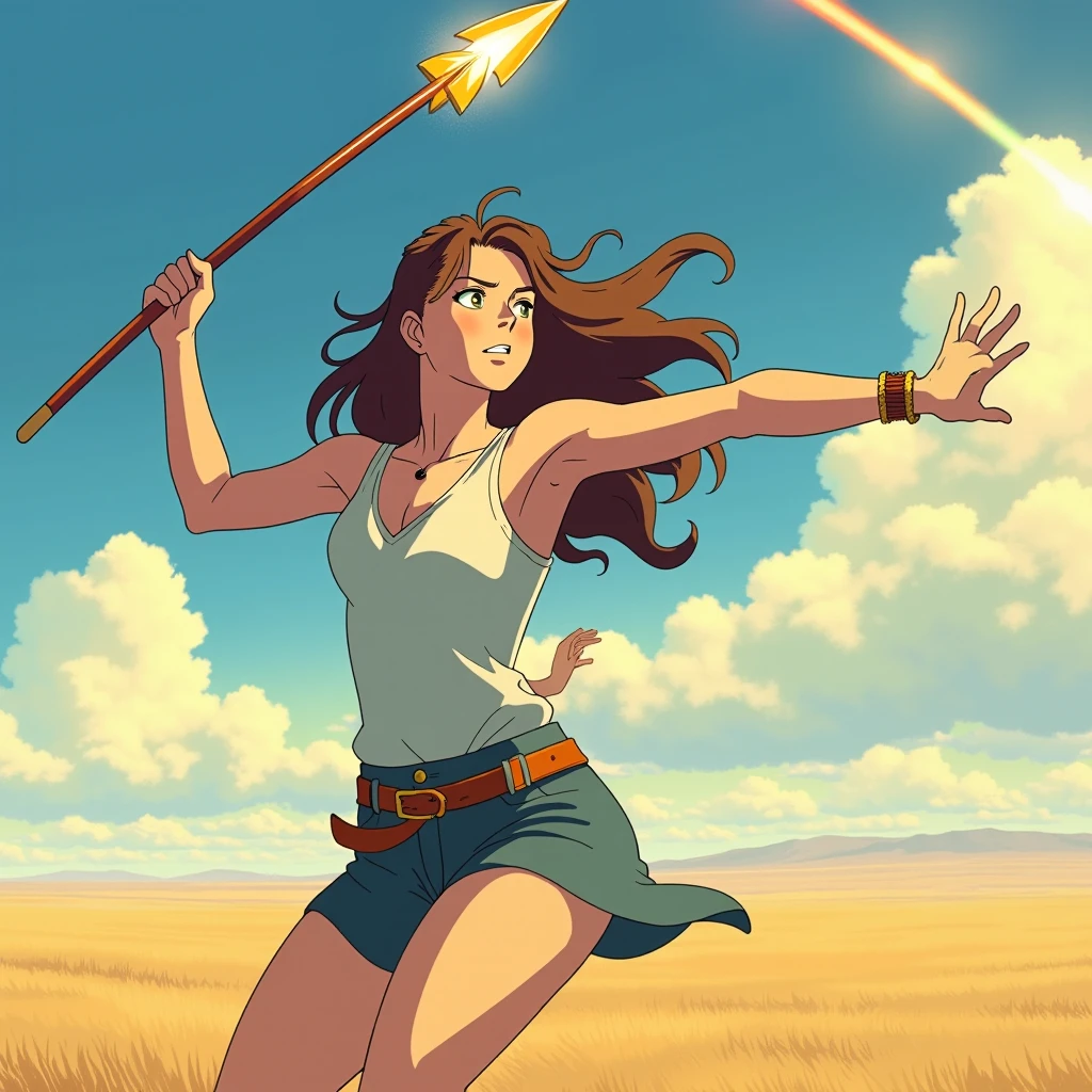 retro_anime, a woman with long brown hair throws a sparkling spear in a swing, the background is a brightly lit plain, the sun's rays fall on her tense muscles
