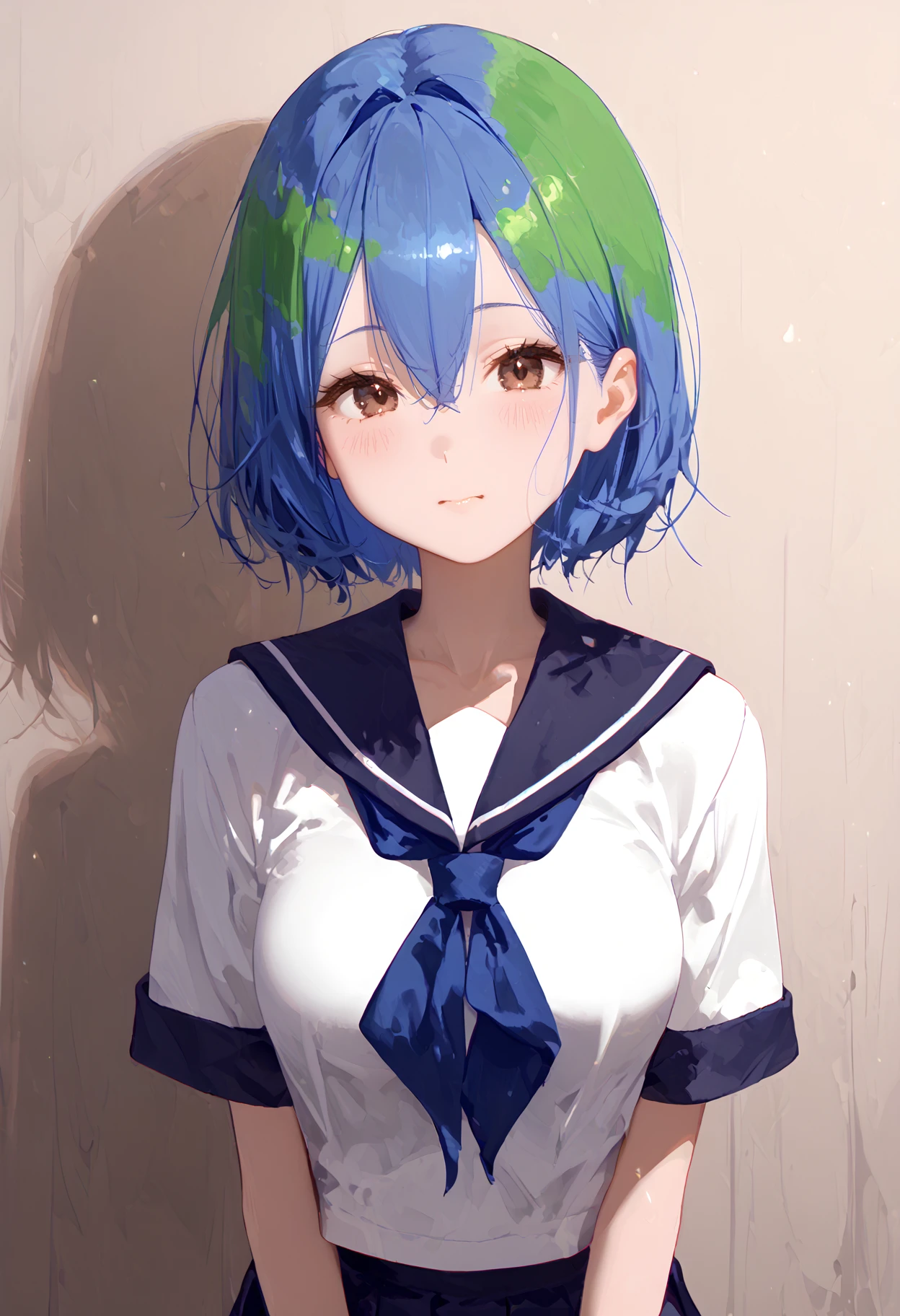 score_9, score_8_up, score_7_up, best quality, source_anime BREAK, Earth-chan, 1girl, green hair, multicolored hair, brown eyes, blue hair, two-tone hair, short hair, short sleeves, school, confession, pov, hair between eyes, pleated skirt, serafuku, blue sailor collar, blush, medium breasts, upper body, <lora:Earth-chan:1>