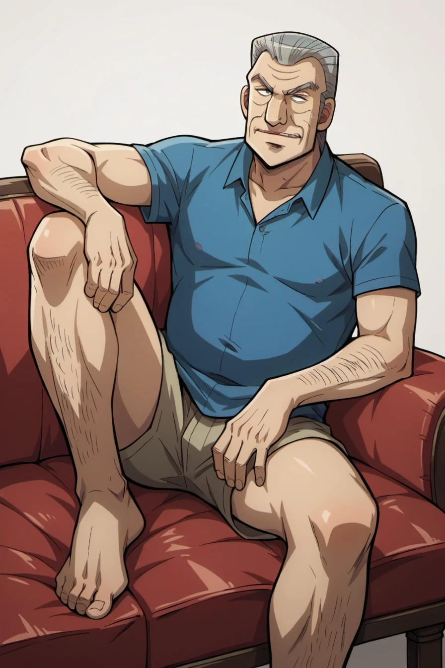 (detailed eyes:0.7),from front,rateing_safe,,score_9, score_8_up, score_7_up, socre_cartoon,1boy,solo old, old man,tonegawaxx,grey hair,blue shirt,leather shose,sitting on sofa,leg spread,simple background