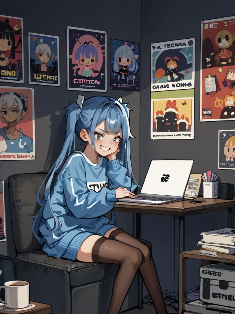 score_9,score_8_up,score_7_up,source_anime,rating_questionable,1girl,<lora:wall_posters:1>,poster \(object\),standing,smug,teeth,laptop,thighhighs,short twintails,less light,dark room,sitting,blue hair,long hair,