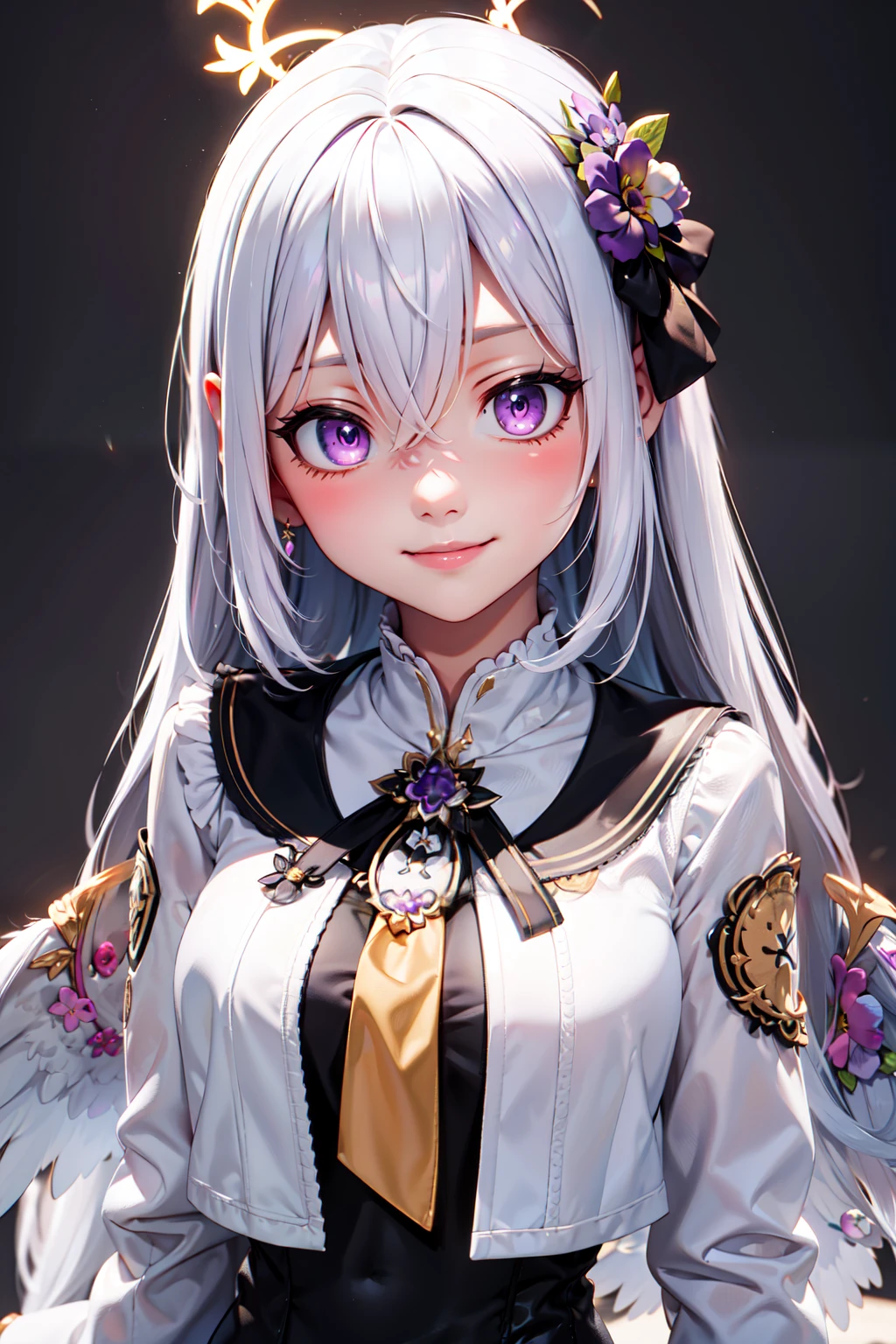 (masterpiece), <lora:Beautiful_CAT_v3:0.8>, best quality, high resolution, highly detailed, perfect lighting,  , <lora:Azusa_BlueArchive_Citron:0.8>, zzAzusa, purple eyes, white hair, long hair, halo, hair ornament black sailor collar, white jacket, black dress ,, upper body , solo, smiling, looking at viewer,, BREAK, leaning forward, head tilt, blush, upper body,