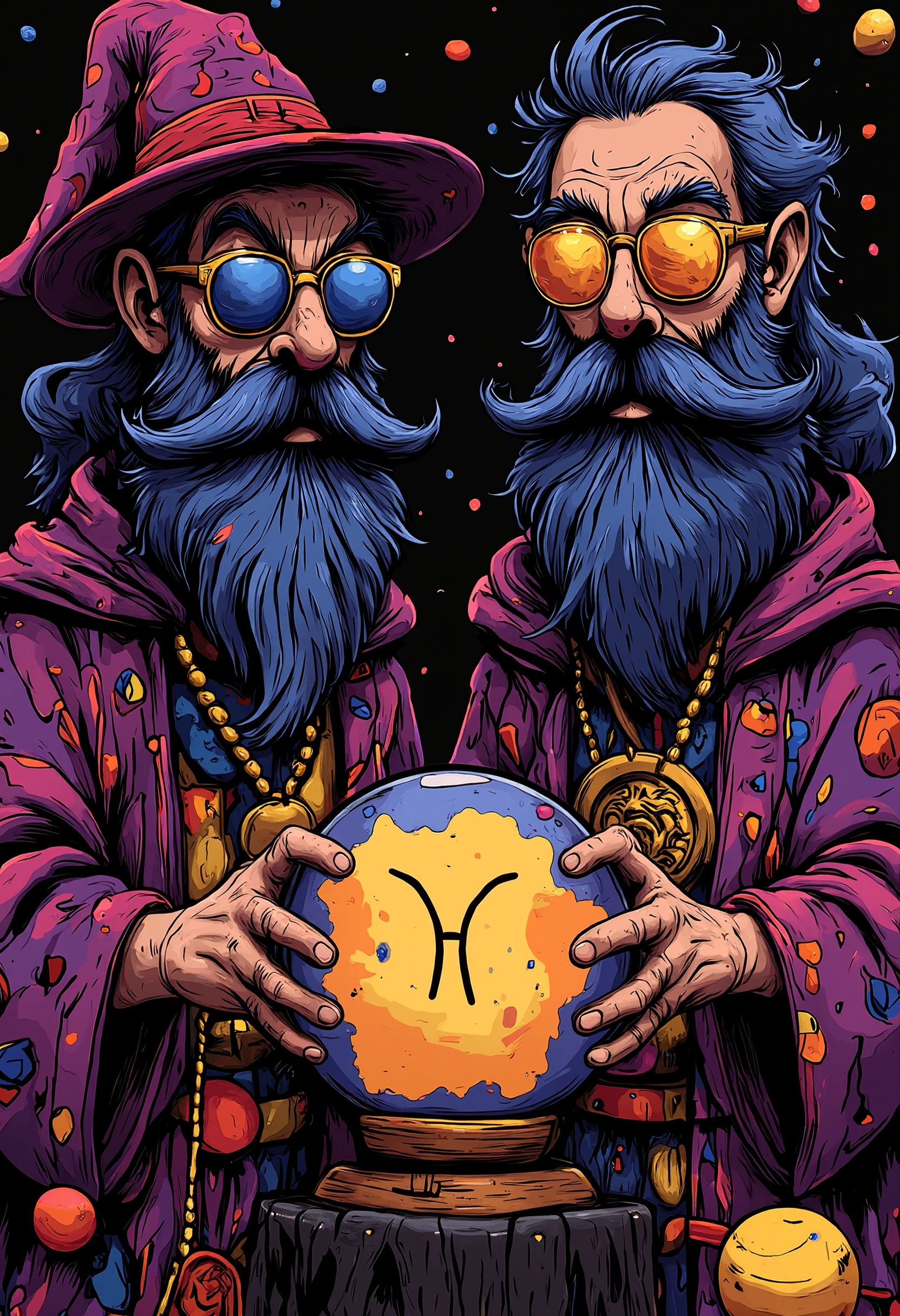 pst003,realistic Two tall wizards Merlin style and gemini zodiac symbol in a crystal ball in the dmt astral nebula universe planets and wearing retro wraparound multi-colored 90s style shades with zodiac cards flying in the air