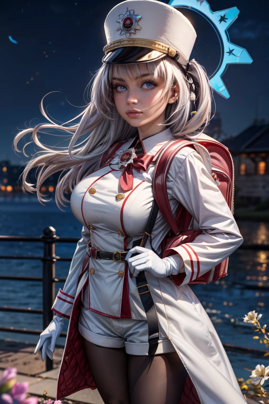 (ultra realistic,32k, masterpiece:1.2),(high detailed skin:1.1),( high quality:1.1), <lora:IllyasvielVonEinzbern_v1:0.7>, zzIllya, looking at viewer, night, outdoors, sky, BREAK,   <lora:Cherino_BlueArchive_Citron:0.8>, zzCherino, blue eyes, white hair, long hair, two side up, halo, hat, ribbon, shako cap, fake mustache white coat, white shorts, white gloves, black pantyhose, randoseru (backpack), pom-pom hair ornament,  BREAK,  blooming stars, luminescent petals, otherworldly fragrance blurry background, (looking at viewer, standing:1.1), huge breast, large breast, <lora:add_detail:0.92>, (glowwave:1.1),