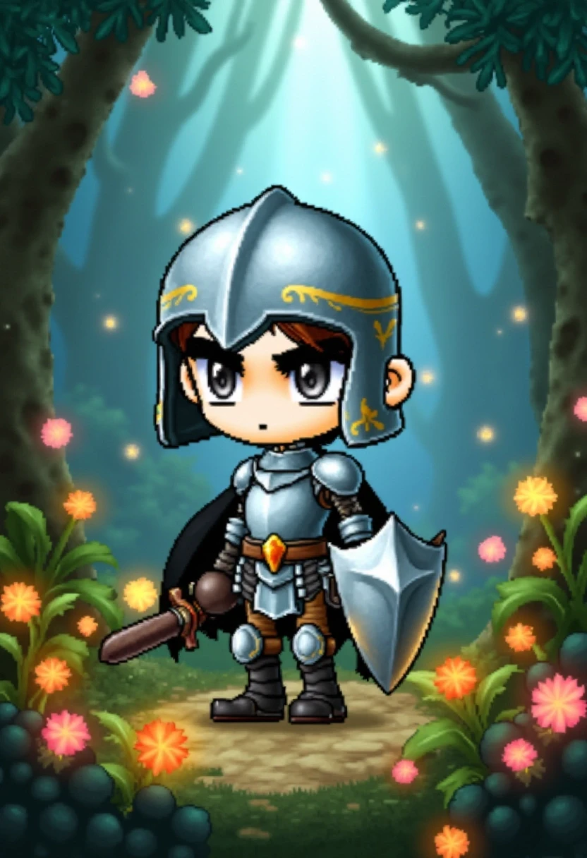 A small, chibi-style knight in silver armor wielding a large shield, standing in a mystical forest. The background is filled with glowing flowers and ethereal light filtering through the trees, giving the scene an enchanted, dreamy atmosphere.