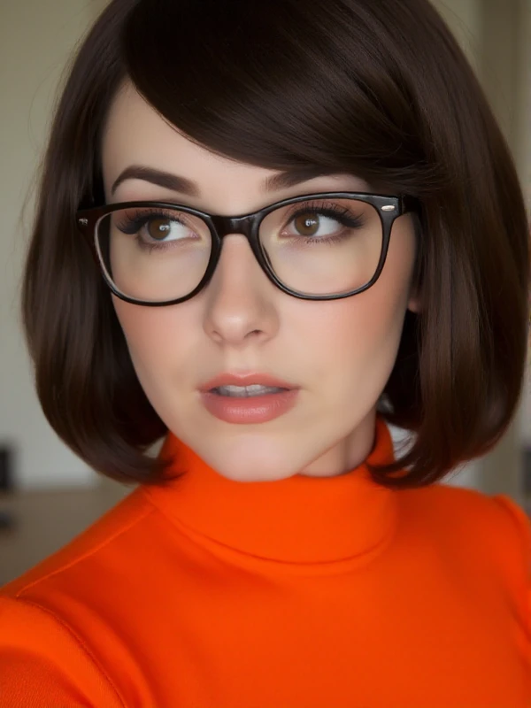 Velma is a woman. she wears glasses and an orange turtleneck. Closeup face portrait<lora:Velma:0.9>