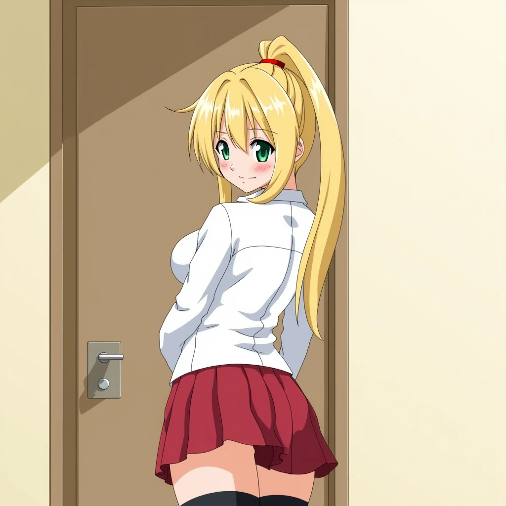 <lora:Bible Black style v1:1>
In Adult animation style, In Manga and Anime cartoon style Kaori Saeki a young woman in a short skirt is standing in front of a door, 1womab, solo, long hair, breasts, looking at viewer, blush, smile, bangs, skirt, blonde hair, large breasts, shirt, thighhighs, long sleeves, closed mouth, school uniform, green eyes, white shirt, ass, cowboy shot, pleated skirt, looking back, black thighhighs, indoors, miniskirt, from behind, zettai ryouiki, skindentation, red skirt, drill hair, door, blonde hair, long hair, pony tail, eroge, anime, manga, nsfw, cartoon, Adult animation, explicit, Original video animation, Baiburu Burakku style, Bible Black style, blonde hair, long hair, pony tail, eroge, anime, manga, nsfw, cartoon, Adult animation, explicit, Original video animation, Baiburu Burakku style, Bible Black style, school girl outfit, open door