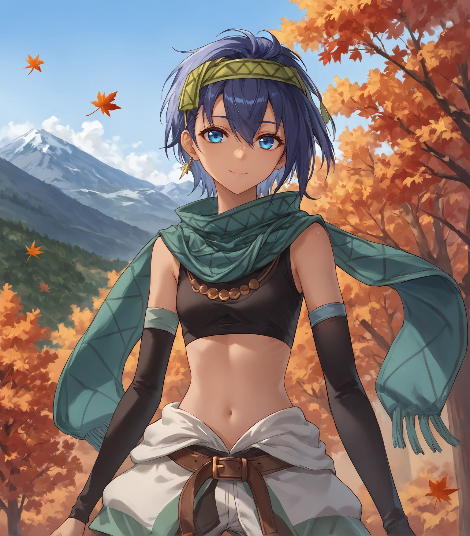 score_9, score_8_up, score_7_up,
1girl, solo, 
<lora:FeriAlFayedKai:0.9>, Feri Al-Fayed, blue eyes, blue hair, medium hair, dark-skinned female, small breasts, headband, single earring, green scarf, black crop top, elbow glove, white shorts, clothes around waist, belt, black thighhighs, leg belt, sandals,  
 looking at viewer, smile, upper body, portrait, agura,
outdoors, sky, autumn, leaves, trees, distant mountains,
<lora:LDART_style_pony_v3:0.7>,, <lora:Racoonkun_Artist_Style:0.4>, racoonsan,, ,