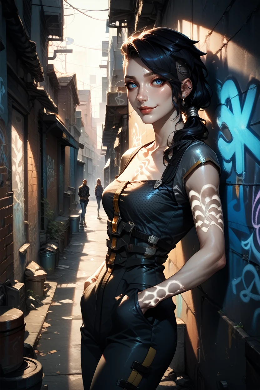 score_9, score_8_up, score_7_up, score_6_up
<lora:BLAngel:1.0>
BLAngel, 1girl, black hair, long hair, blue eyes, undercut, tattoo, looking at viewer, playful smile, standing, hands in pockets, leaning against wall, graffiti-covered alley, evening light, vibrant colors