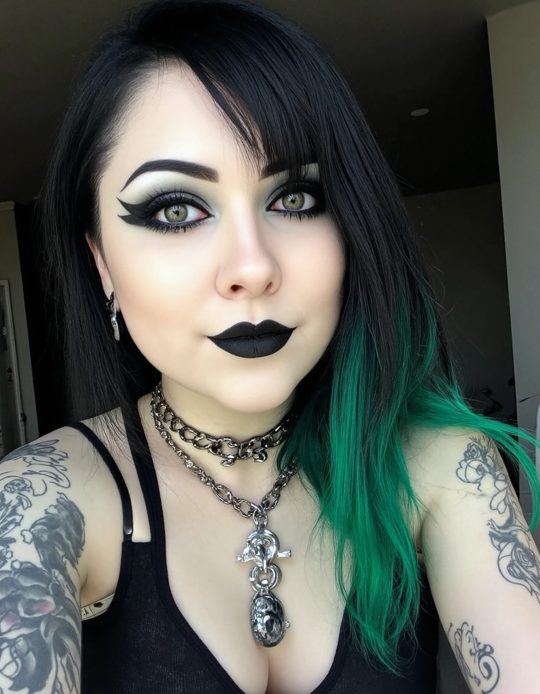 43stet1c The image shows a woman taking a selfie, styled in a gothic fashion. Her hair is a mix of black and green, with the colors blending in streaks or sections. She has visible tattoos on her arms and possibly other parts of her body, adding to her alternative look. She is wearing various pieces of jewelry, such as rings, necklaces, or bracelets, but notably has no piercings visible. Her makeup is dark, featuring bold black eyeshadow or eyeliner and possibly dark lipstick, contrasted by white highlights on her face, accentuating certain facial features like the eyes or cheekbones. <lora:Aesthetic_Amateur_Photo_V4_Beta_2:1.2>