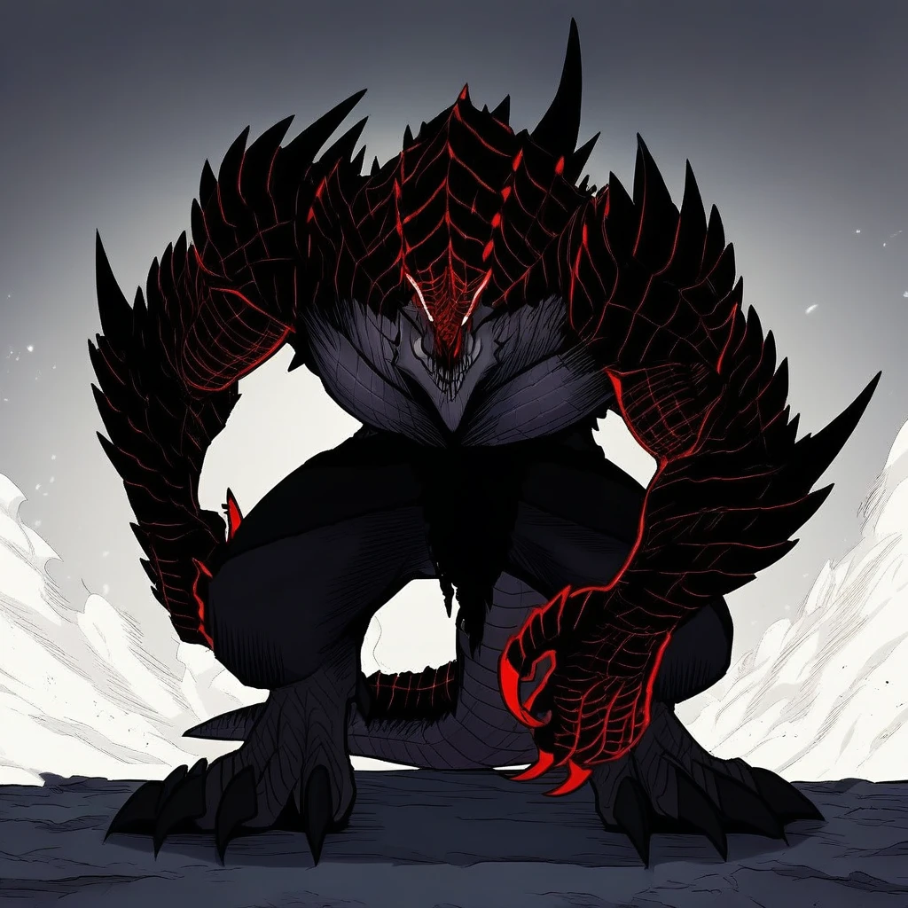 Dark scales, spikes, sharp fangs, Red eyes, Large tail, claws, Dragon, muscular, Spikes on shoulders, spread legs, looking at the viewer,  hands on hip,