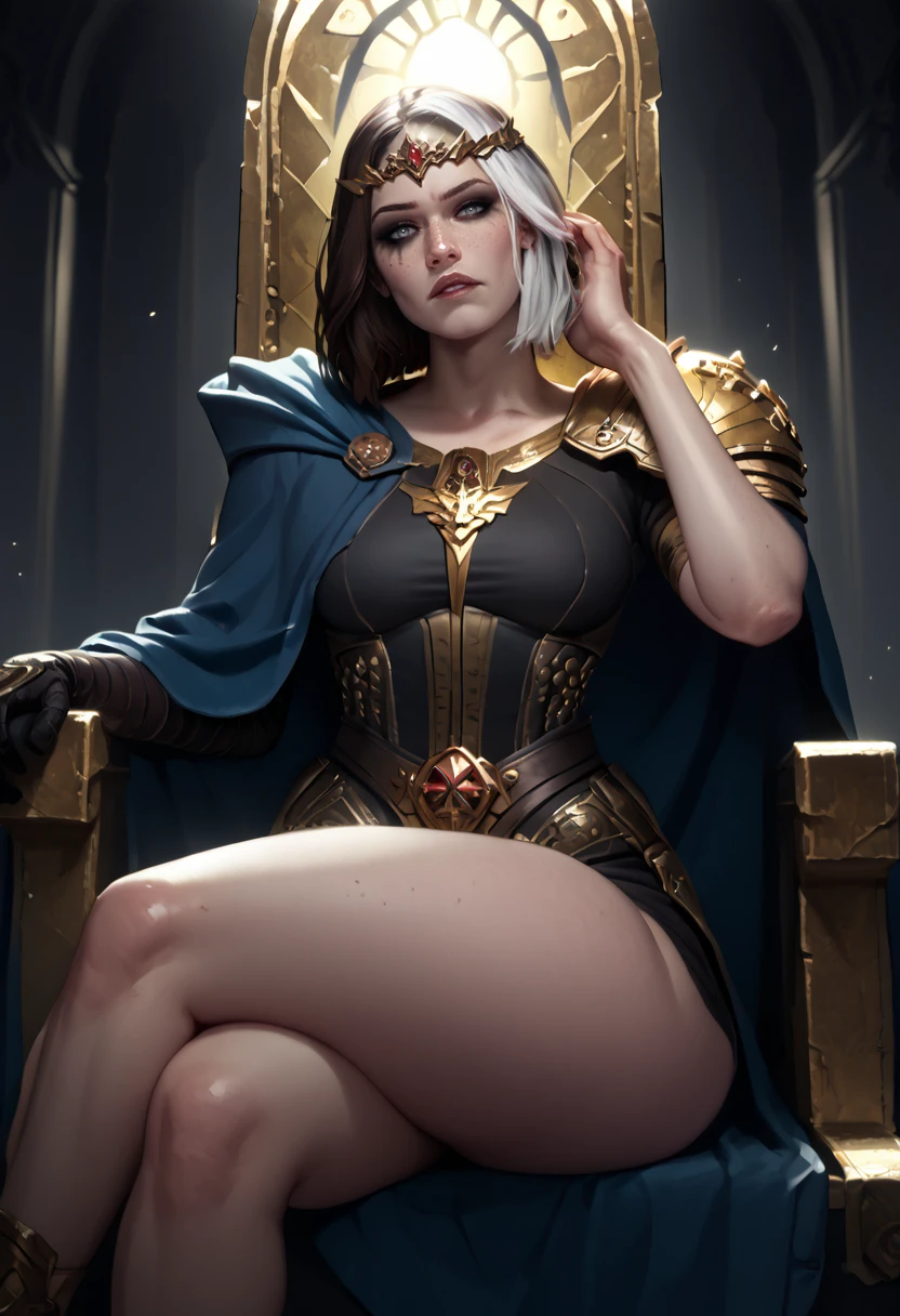 score_9, score_8_up, score_7_up,
1gir, solo, a beautiful woman, silver eyes, blinded, blind, wearing a gold ceremonial armor, with a dark blue cape, calm expression, monarch, with a kind look, regal, ethereal, wise, sci-fi, dark room, indoors, darkness, dramatic lighting, large golden throne, sitting, golden intricate circlet, armrest, confident, dominant, domineering, head tilt, hand in own hair, single golden pauldron, single shoulder guard, cape over one shoulder, <lora:PulenKompot-whocaresBRO-PonyXL:1> dunno, some hair, maybe freckles, medium breasts (wow that's uncharacteristic), plump, thighs, two-tone hair, dark brown hair, (white hair:1.1), single glove, elbow glove, crossed legs, parted lips, bodysuit,  <lora:PulenKompot-Diablo_Style-v2-PonyXL:1> pk-diablo