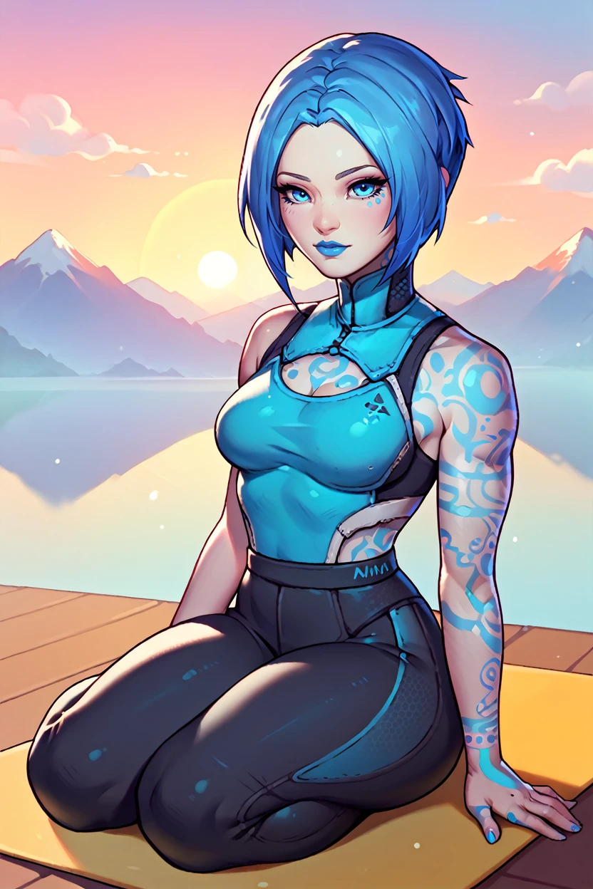 score_9, score_8_up, score_7_up, score_6_up
<lora:BLMaya:1.0>
BLMaya, 1girl, blue hair, short hair, blue eyes, tattoo, looking at viewer,  sitting cross-legged on a yoga mat, meditating, sunrise over a mountain lake in the background, mist rising from the water, serene and focused atmosphere