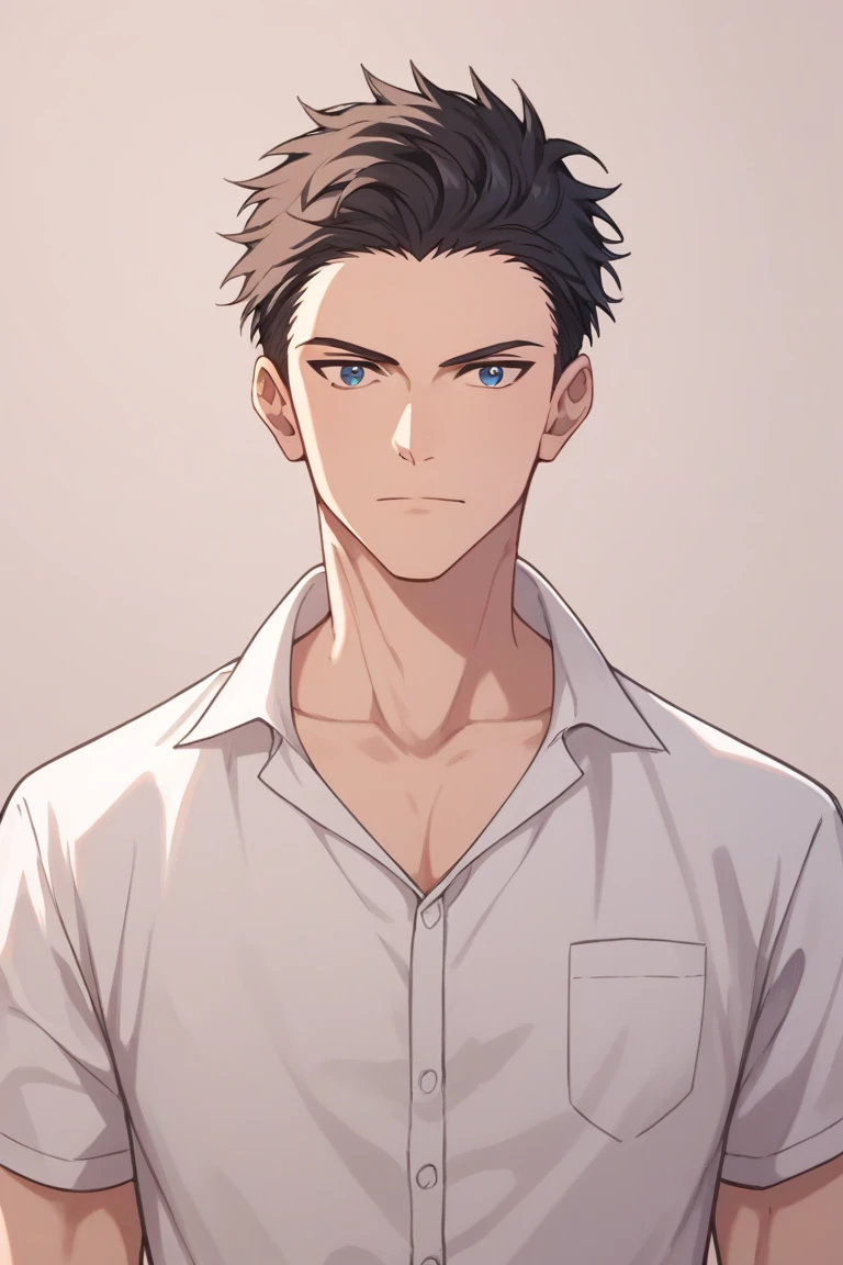 score_9, score_8_up, score_7_up, score_6_up, score_5_up, score_4_up, source_anime, BREAK,rating_safe,riku momosaki,dark blue eyes,1boy,solo,male focus,white shirt,collared shirt,short sleeves,portrait,looking at viewer