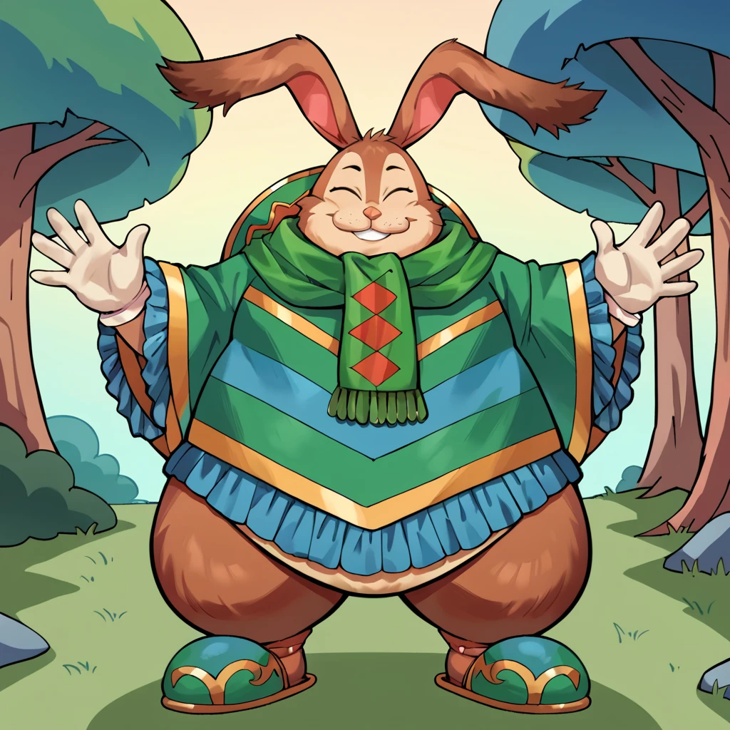 score_9, score_8_up, score_7_up, score_6_up, score_5_up, score_4_up, source_cartoon, niccolo, brown fur, bunny, furry, fat, obese, green clothes, slippers, scarf, eyes closed, looking at viewer, smiling, standing up, waving, forest background, <lora:NiccoloWanderer_Legends_of_Mana_PonyXL:1> niccolo, wanderer