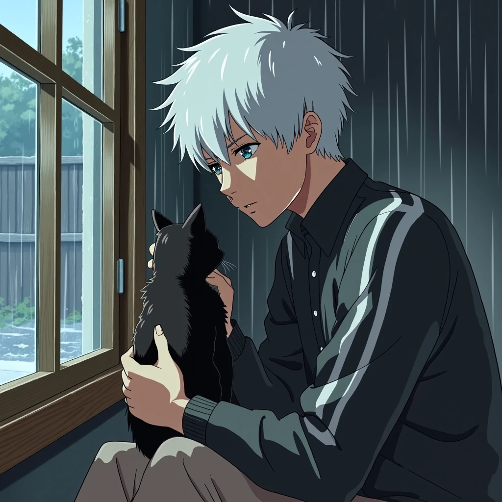 retro_anime, a guy with disheveled white hair and a serious face, stroking a black cat, sitting by the window, behind which it is raining