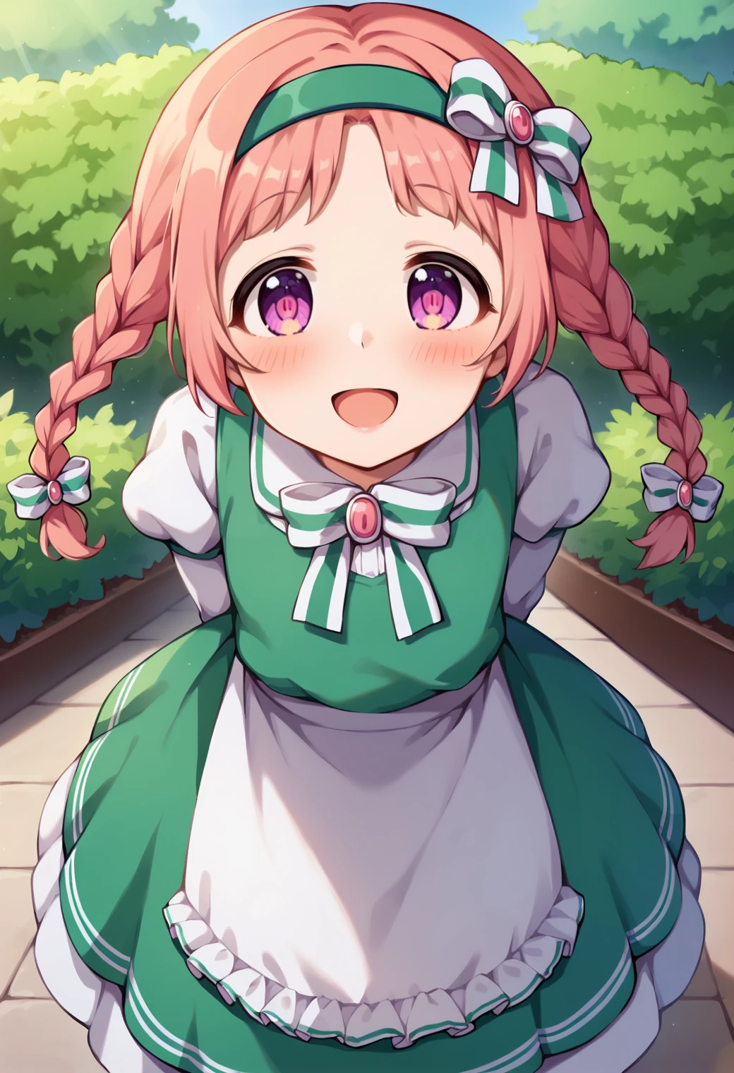 score_9, score_7_up, hd, (ultra hd quality details), source_anime, garden, outdoors, 
solo, 1girl, rlmimi, twin braids,
green hairband, hair bow, white shirt, puffy sleeves, layered sleeves, long sleeves, green dress, layered dress, white apron, waist apron, white pantyhose,
looking at viewer, blush, smile, open mouth, 
standing, arms behind back, leaning forward, 
<lora:_mimipcr-elesico-pony:1>