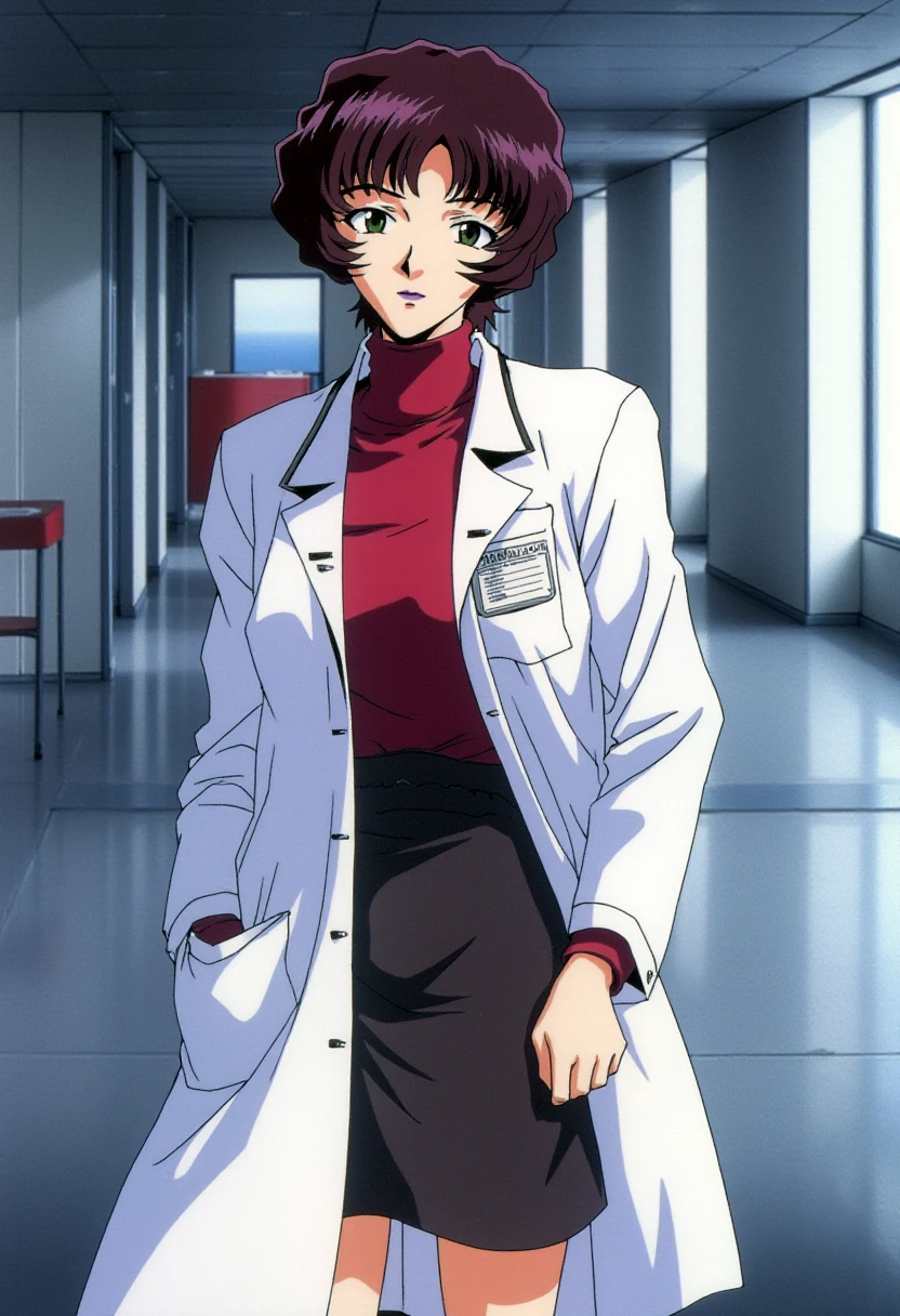 A detailed solo portrait of a mature female doctor naoko akagi.
She is wearing a labcoat, a shirt and a pencil skirt. On her labcoat, there is an ID card that writes "Akagi".
She stands in a modern hospital., Anime style, sharp, high contrast and highly detailed. Ghibli anime style. Perfect anatomy. Perfect body ratio. No oversized head. No blurry, out of focus pictures. No simple background, no single color background.
 <lora:Naoko Akagi - Flux prototype_epoch_8:1>