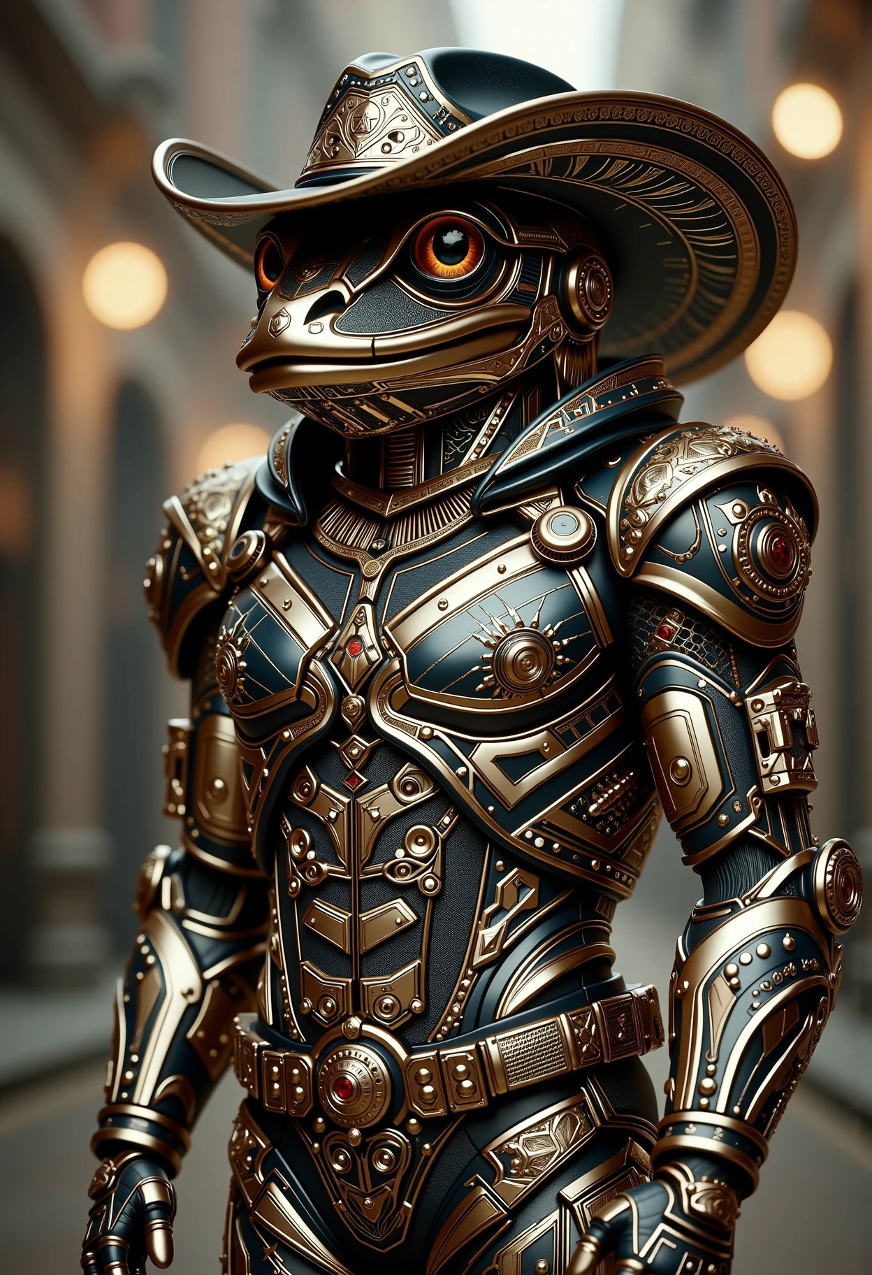 afrofuturism, 
cinematic film still, full body view of a mechanical infamous meme frog man, cowboy hat, gleaming, reflective, shallow depth of field, vignette, highly detailed, high budget, bokeh, cinemascope, moody, epic, gorgeous, film grain, grainy
 <lora:dvr-afrofuturism-flux:1>