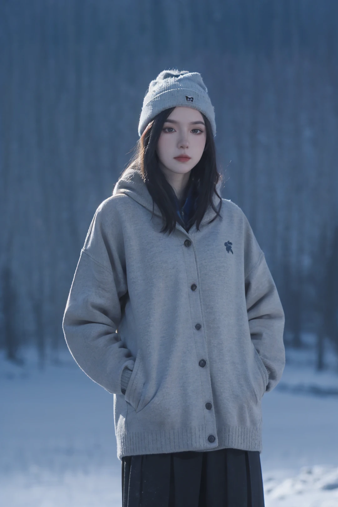 1girl,solo,sweater,beanie,hands in pockets,looking at viewer,outdoors,((snow)),((night:1.5)),scenery,portrait,Highly detailed,(ultra-detailed),(best quality,masterpiece:1.5),<lora:QX:0.7>,qx,<lora:斗罗大陆2-周漪:0.4>,